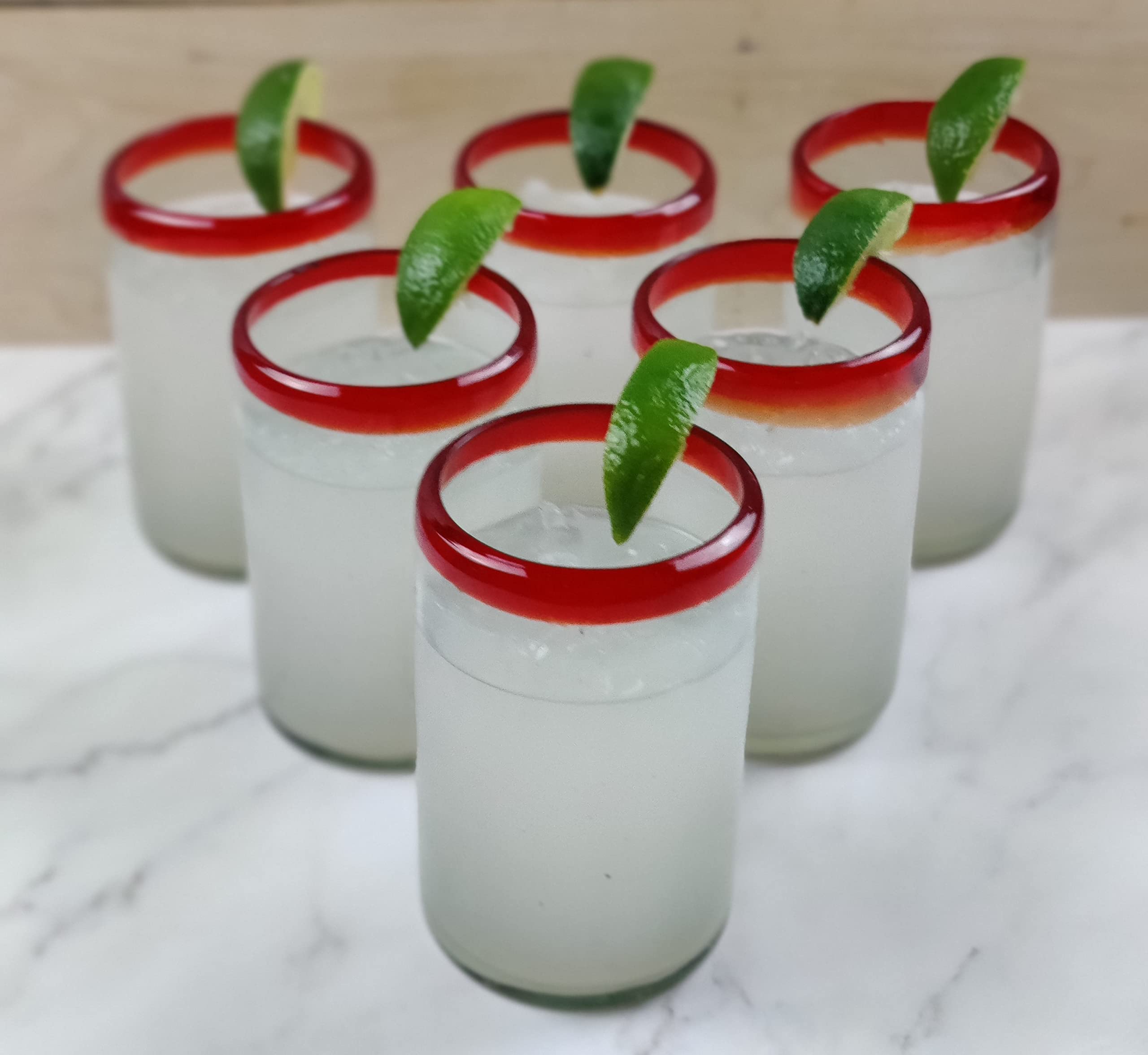 Dos Sueños Vasos mexicanos soplados a mano, juego de 6 vasos con bordes rojos (14 onzas cada uno)