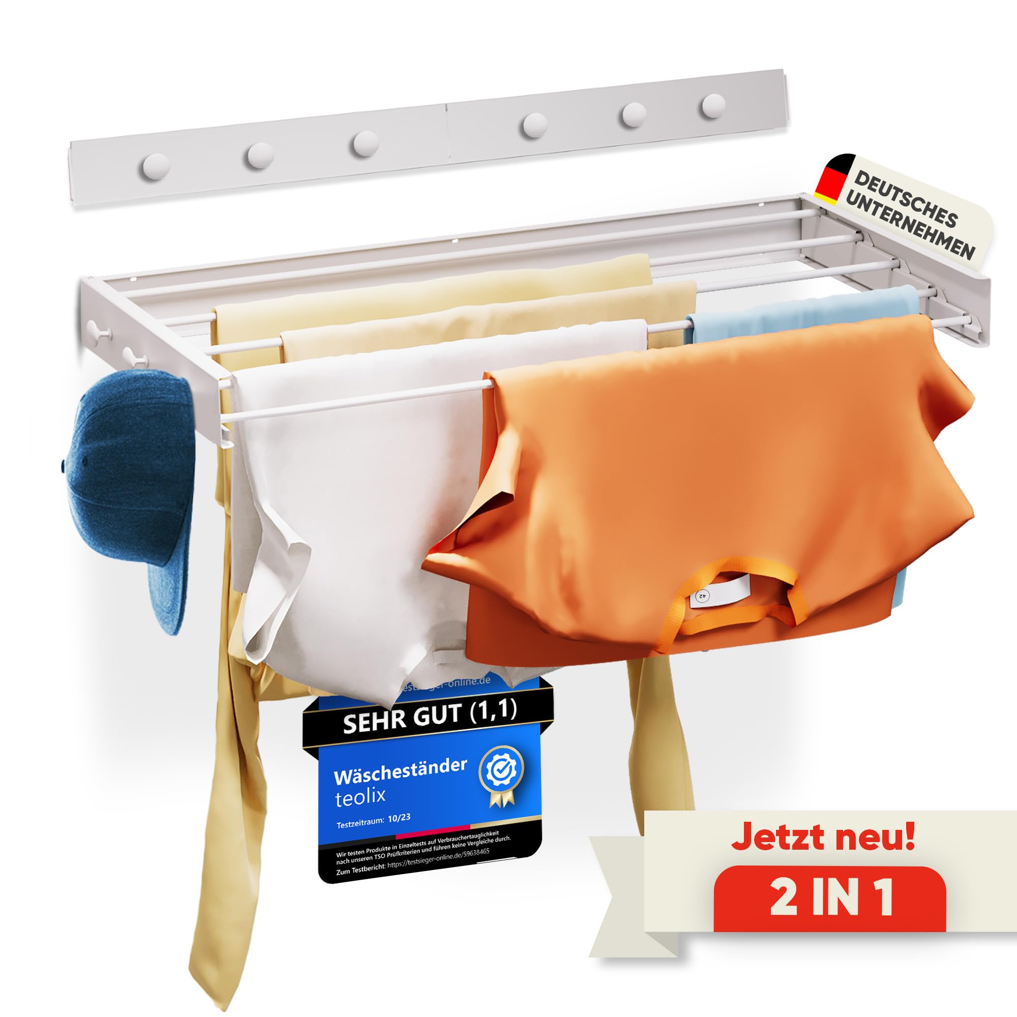 Wäscheständer Wandmontage [2in1 mit extra Kleiderhaken] Ausziehbar und Platzsparend | Wäschetrockner Klein für Wand | Clothes Drying Rack Zeitlos Praktisch - (Weiß, 100cm)