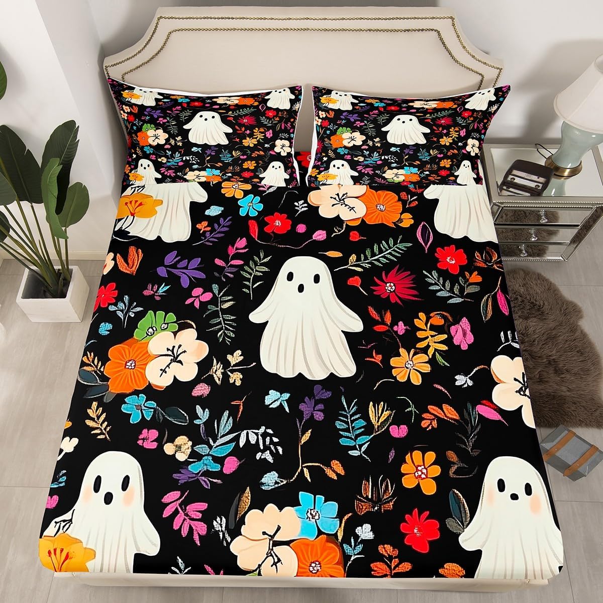 Erosebridal 3 Pieces Halloween Fitted Sheet Full Size, Cute Ghosts of Halloween Bedding Sets, Lightweight Soft Black Bed Sheets, Rustic Flowers Sheets, 1 Fitted Sheet 2 Pillow Cases