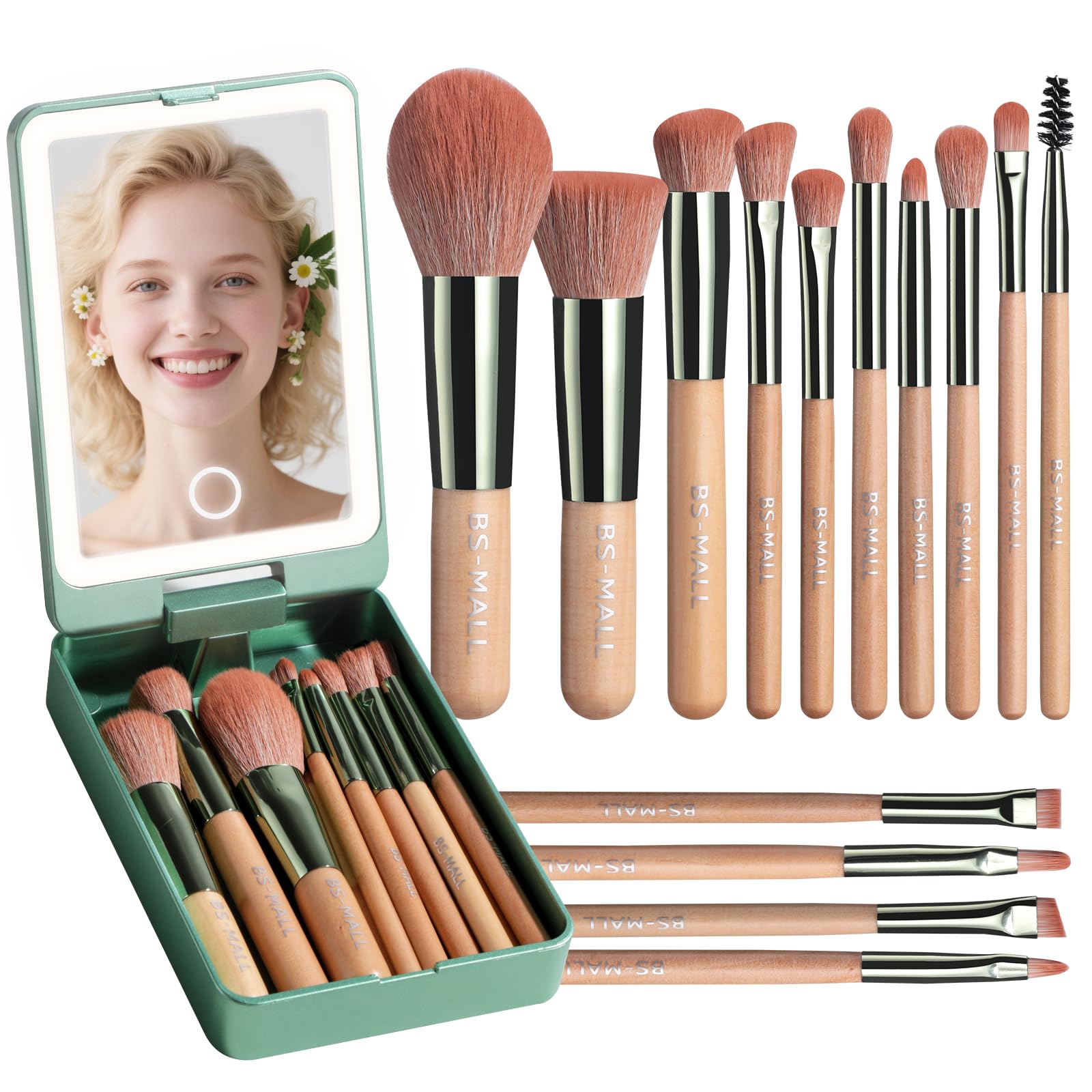 BS-MALL Lot de 14 pinceaux de maquillage de voyage pour fond de teint, poudre, anti-cernes, ombre à paupières, avec miroir lumineux LED, vert