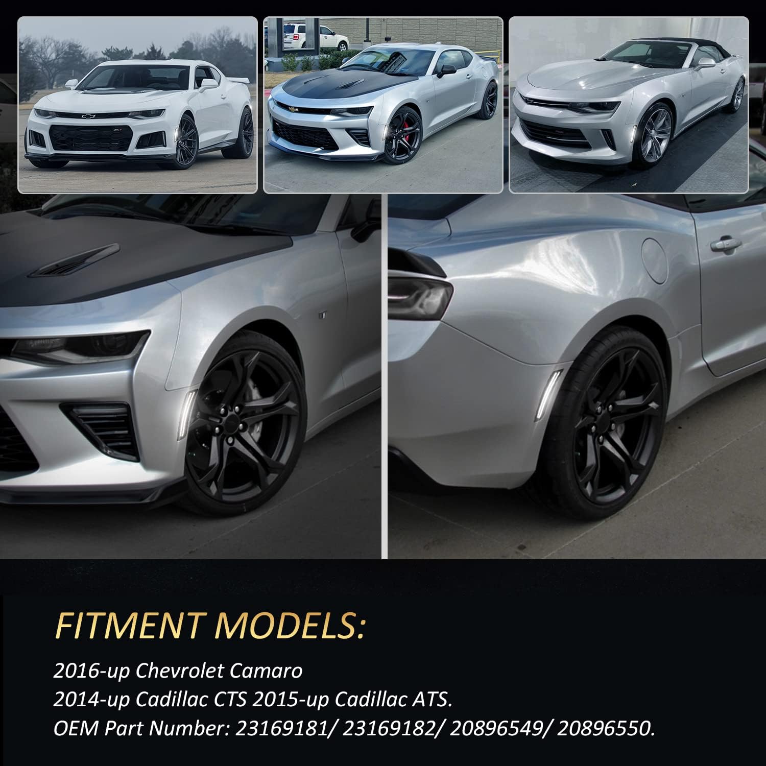 Bestview 4PCS LED Side Marker Lights for Chevy Camaro 2016 2017 2018 2019 2020 2021 2022 2023, White Front & Rear Fender Side Markers, Smoked Lens Driver & Passenger Side Bumper Lights