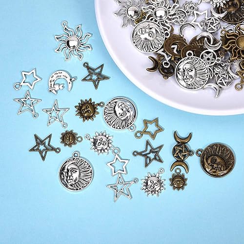 Miniatura 2 de SUNNYCLUE 64 dijes de sol estilo tarot, luna y estrella, aleación a granel, estilo tibetano, media luna, triple luna, diosa para hacer joyas,