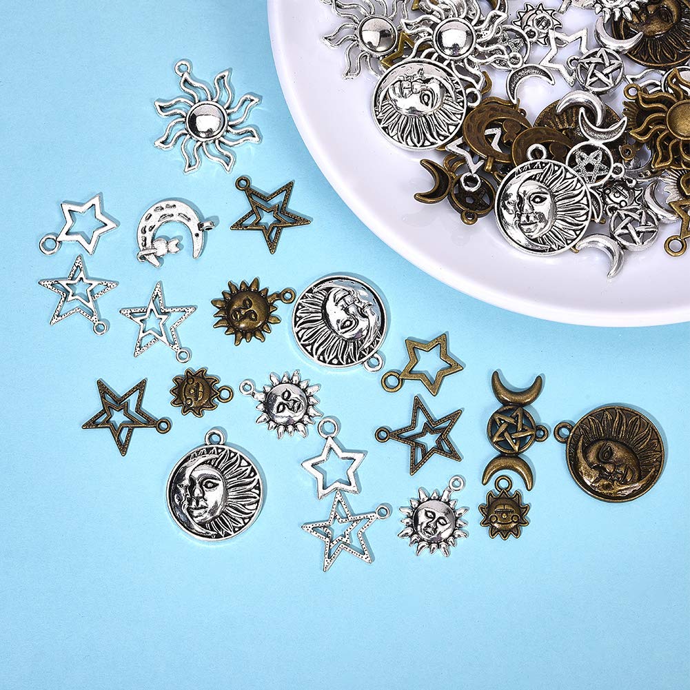 Celblisora 60-delige Sieradenset met hemelse Charms, verzilverde en vergulde maan-, ster- en zonhangers, Sieraden Maken Accessoires voor Doe-Het-Zelf