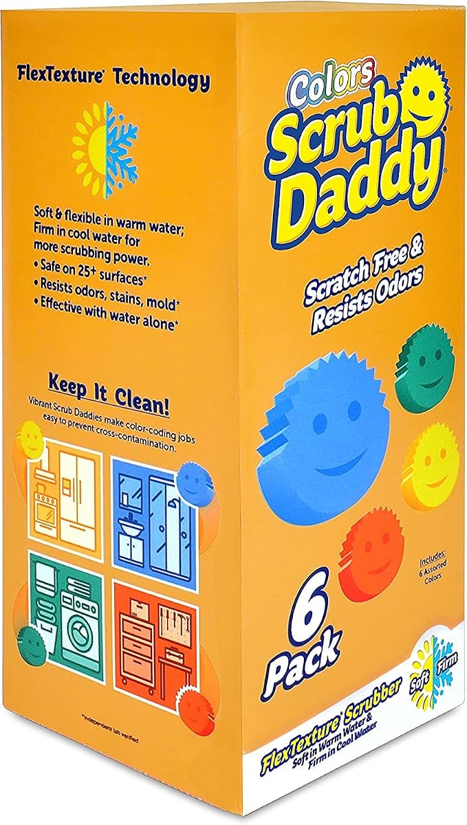 Scrub Daddy Sponge Set - Colors - Scratch-Free Scrubbers for Dishes and Home, Odor Resistant, Soft in Warm Water, Firm in Cold, Deep Cleaning, Dishwasher Safe, Multi-use, Functional (6 Count)