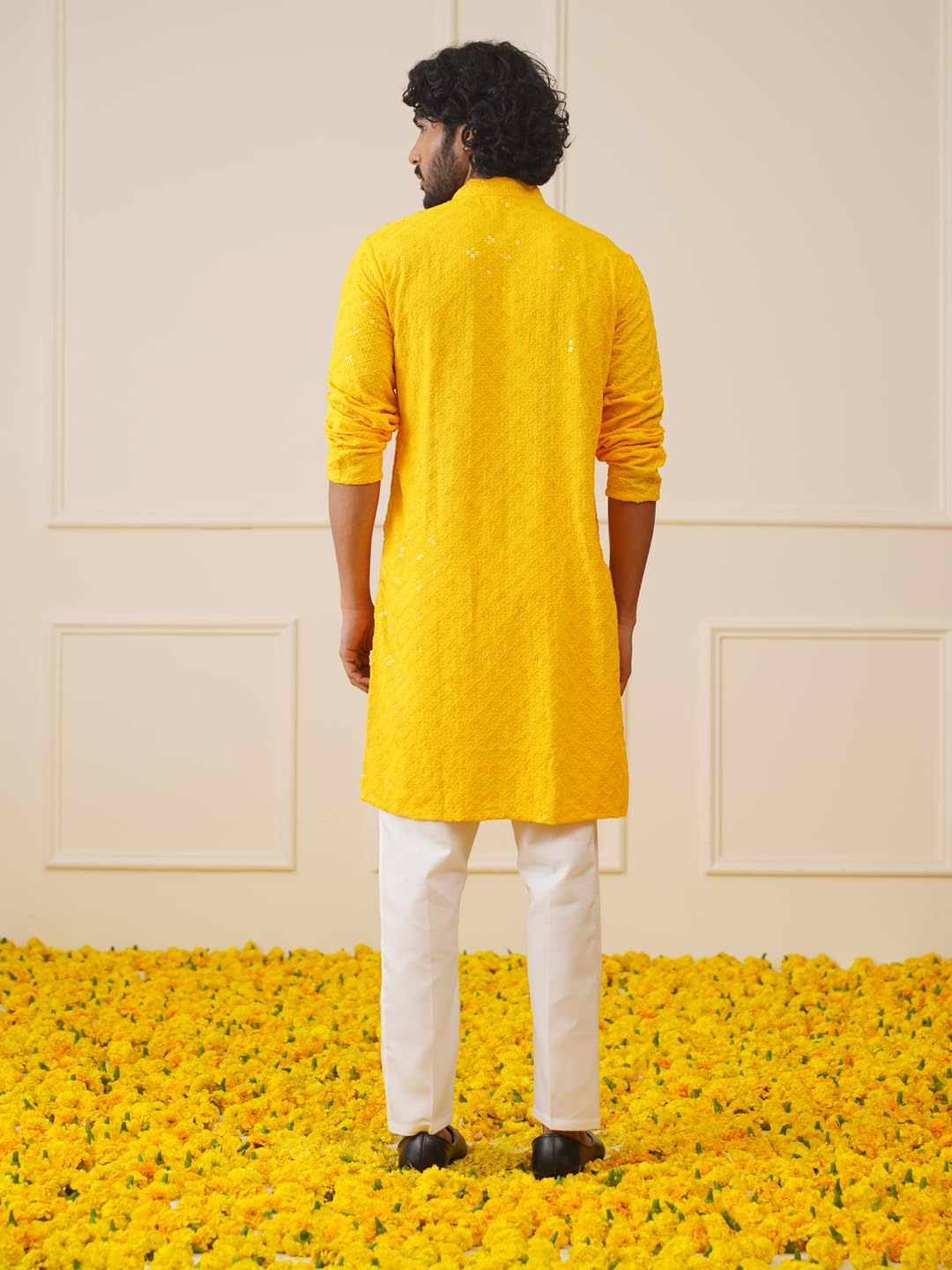 Jompers Men's Yellow Chikankari And Sequence Kurta With Pyjama. (Yellow, Xl)