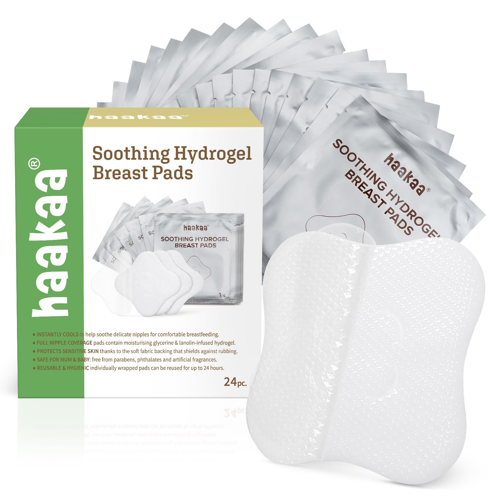 haakaa Soothies Hydrogel Nipple Pads with Lanolin, Gel Nursing Pads Provides Cooling Relief for Sore Nipples, Breastfeeding Essentials, 24 PCS