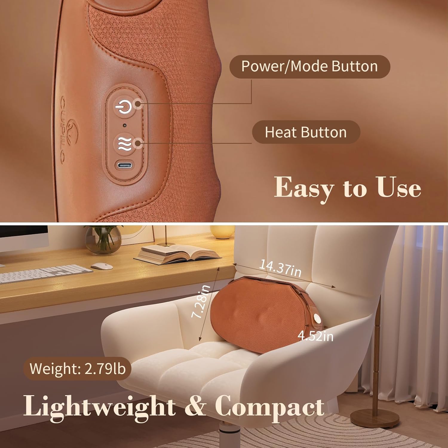 Close-up of the CuPiLo massager showing the power and heat buttons, and product dimensions.