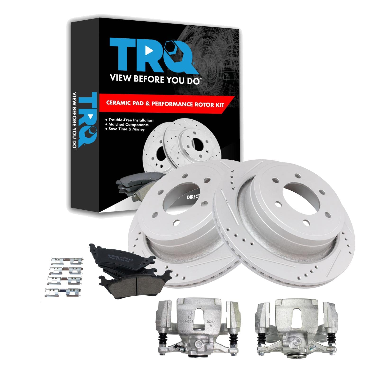 TRQ Rear Performance Brake Pad, Caliper, &amp; Rotor Kit Ceramic Vented Premium G-Coated Compatible with 2015-2018 Ford F-150
