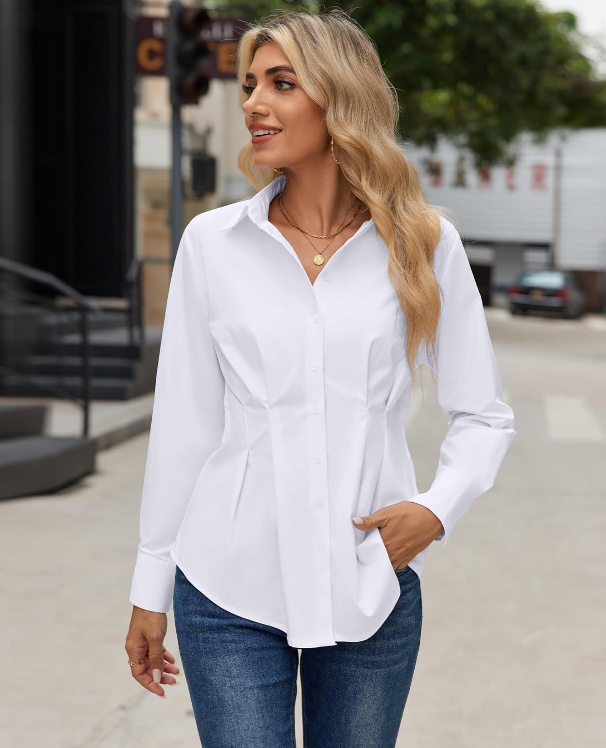 siliteelon Button Down Shirts for Women Cinched Waist Dress Shirt Cotton Long Sleeve Business Casual Work Office Blouse