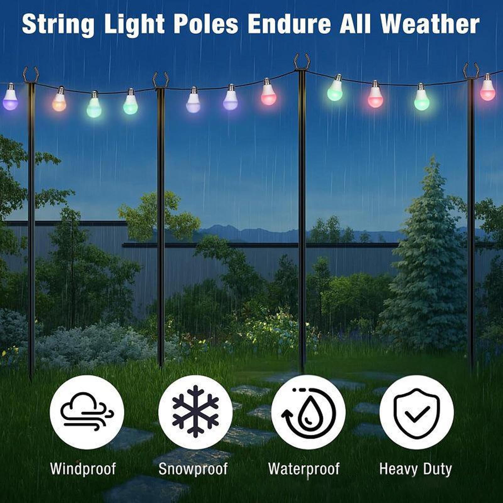 Generisch Pali luminosi per catene luminose esterne, robusto asta portante per catene luminose, robuste aste di supporto per illuminazione esterna: prato, terrazza, balcone, vialetto,