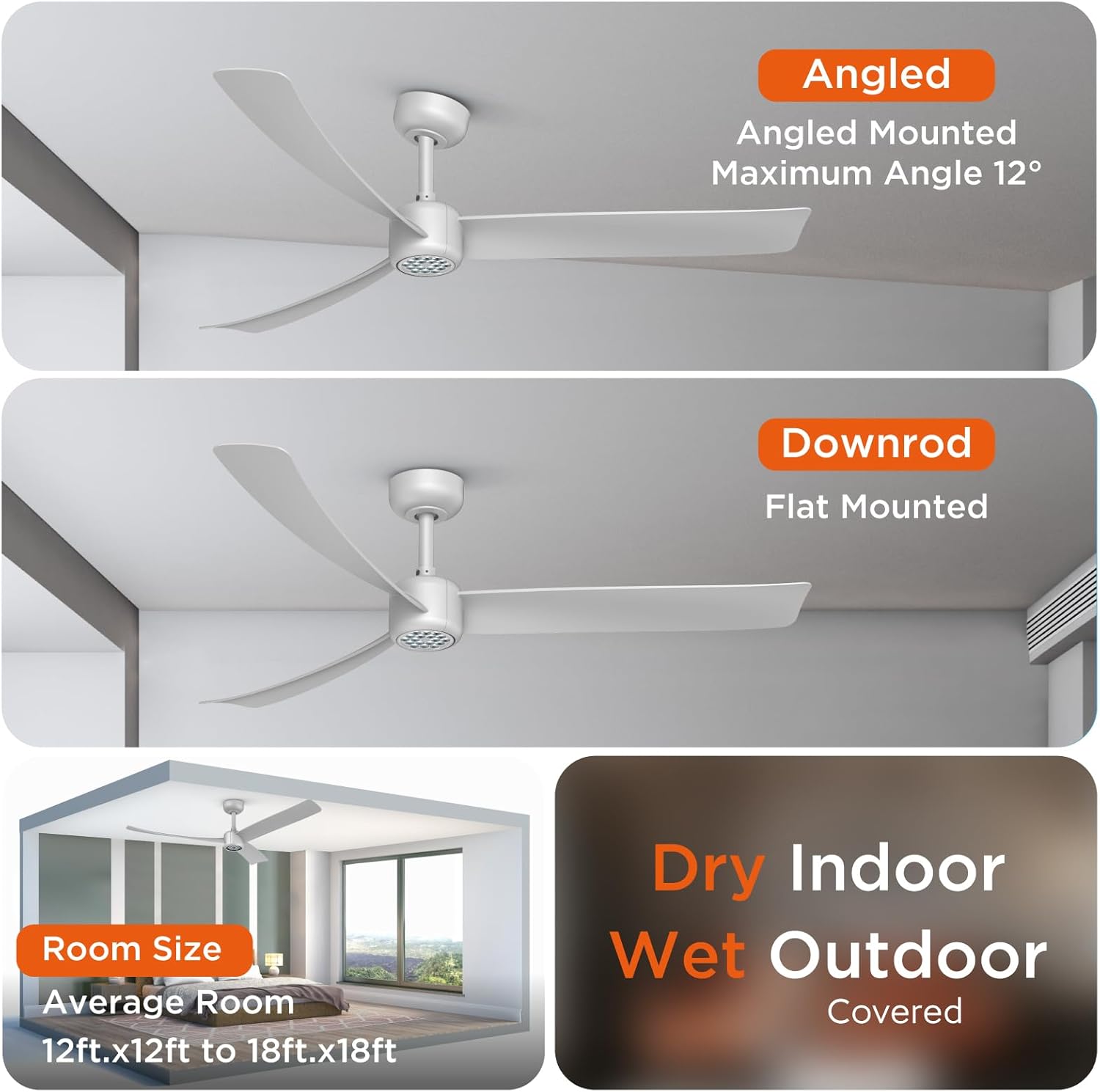 TALOYA 52 Inch Ceiling Fans with Lights Led Remote Control Low Profile Flush Mount for Living Room Bedroom Outdoor Patio,DC Motor,Reversible,Dimmable,Buzzer ON/Off,White