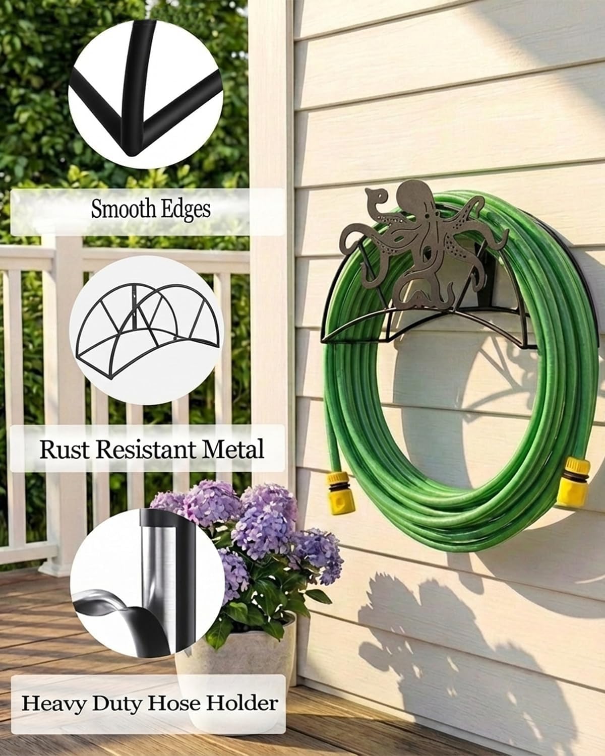 Octopus Garden Hose Holders, Funny Ocean Animal Decor Durable Metal Wall Mount Hose Storage Rack, Holds 125' of 5/8" Outside Water Hose Organizer for Extension Cords Vacuum Lines - Black