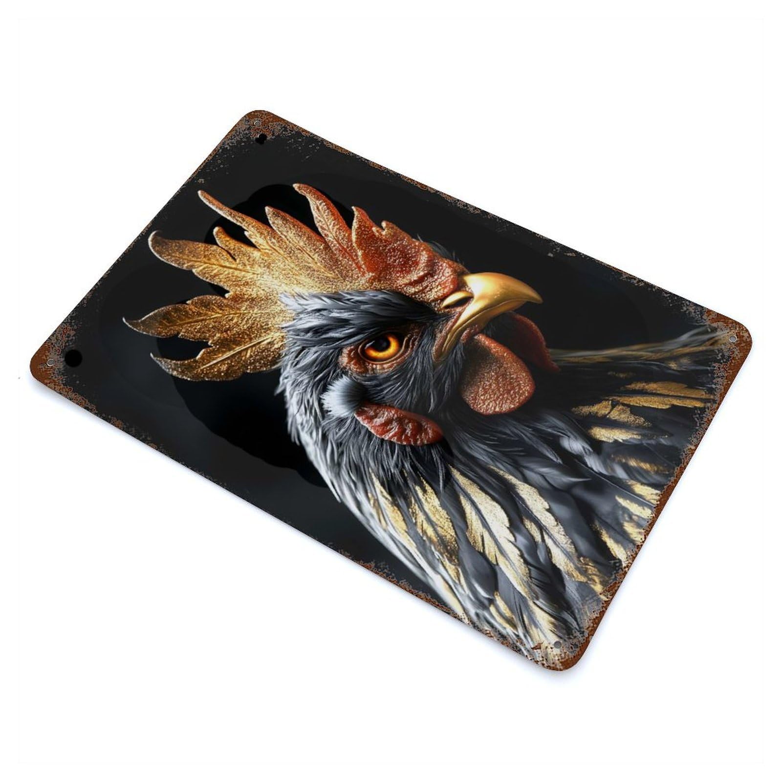 Golden Rooster Portrait Chicken Rusty Metal Tin Sign 11.8"x7.9", for Basement, Hobby Room And Garage Decor, Retro Wall Decor