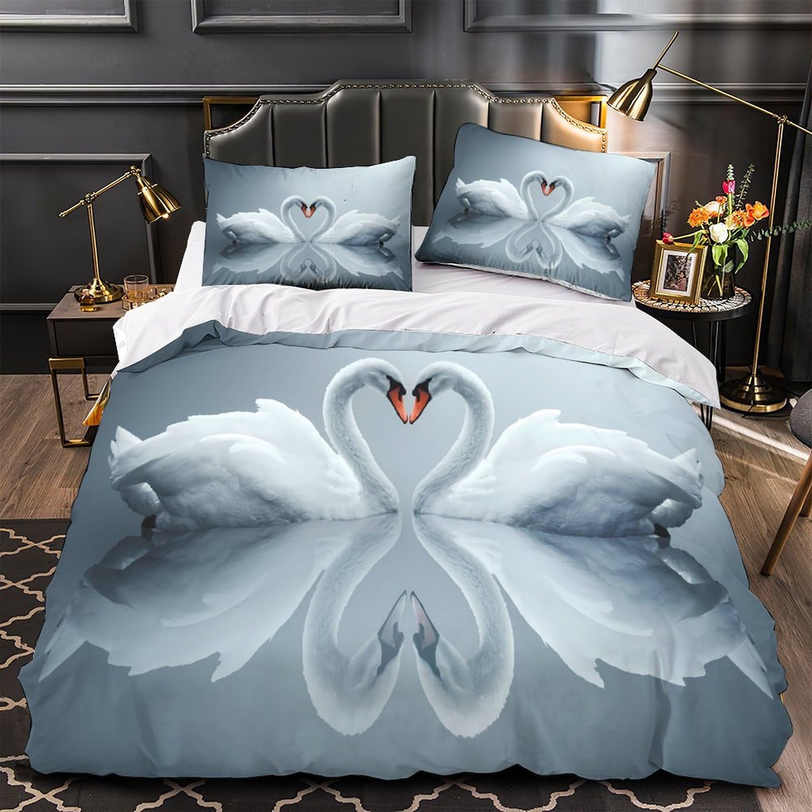 Housse de couette microfibre 140x200 motif cygnes et cœur romantique pour lit simple