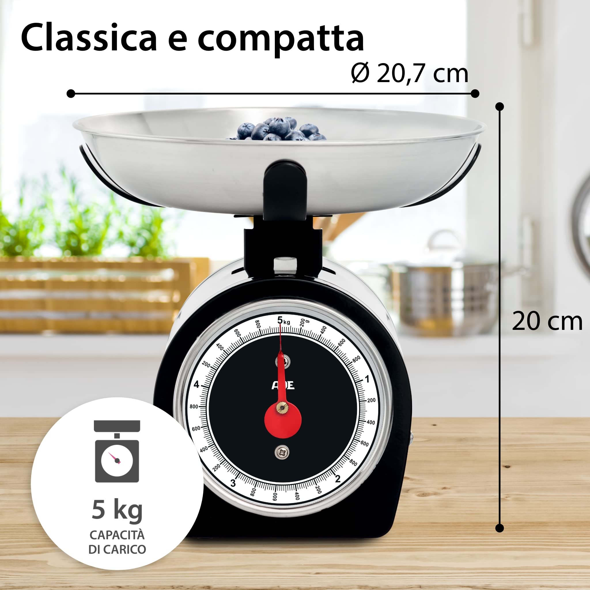 ADE Bilancia da cucina meccanica, bilancia classica per la cucina e la casa, bilancia tradizionale senza batterie in look vintage/retrò, alloggiamento in metallo, 5 kg, nero | KM1900-1 Shirley