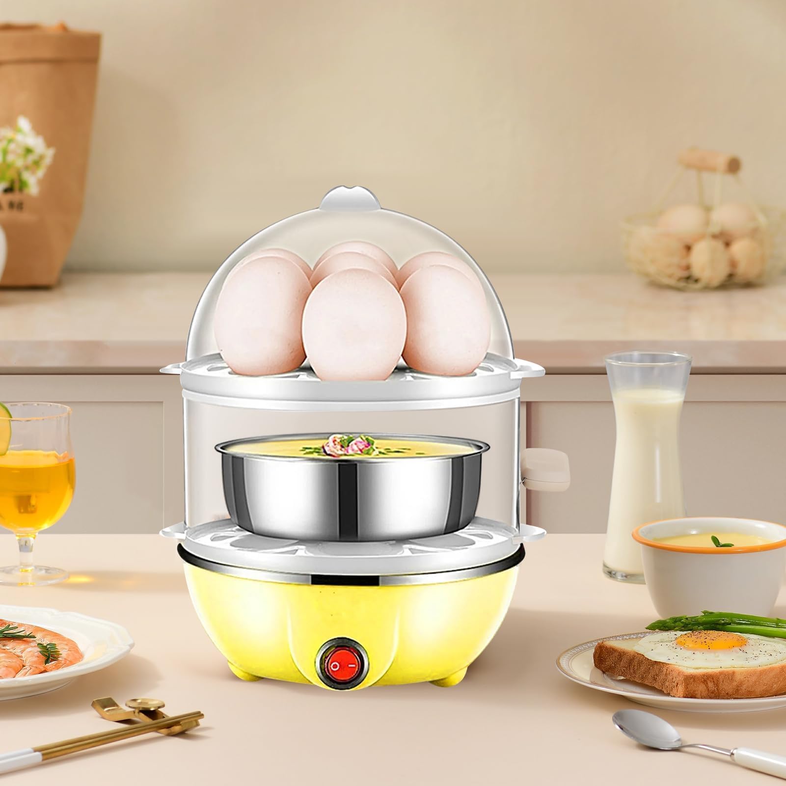 Fornello Elettrico per Uova a 2 Ripiani, 350W, Capacità 14 Uova, Spegnimento Automatico, Colore Giallo, per Uova Sode
