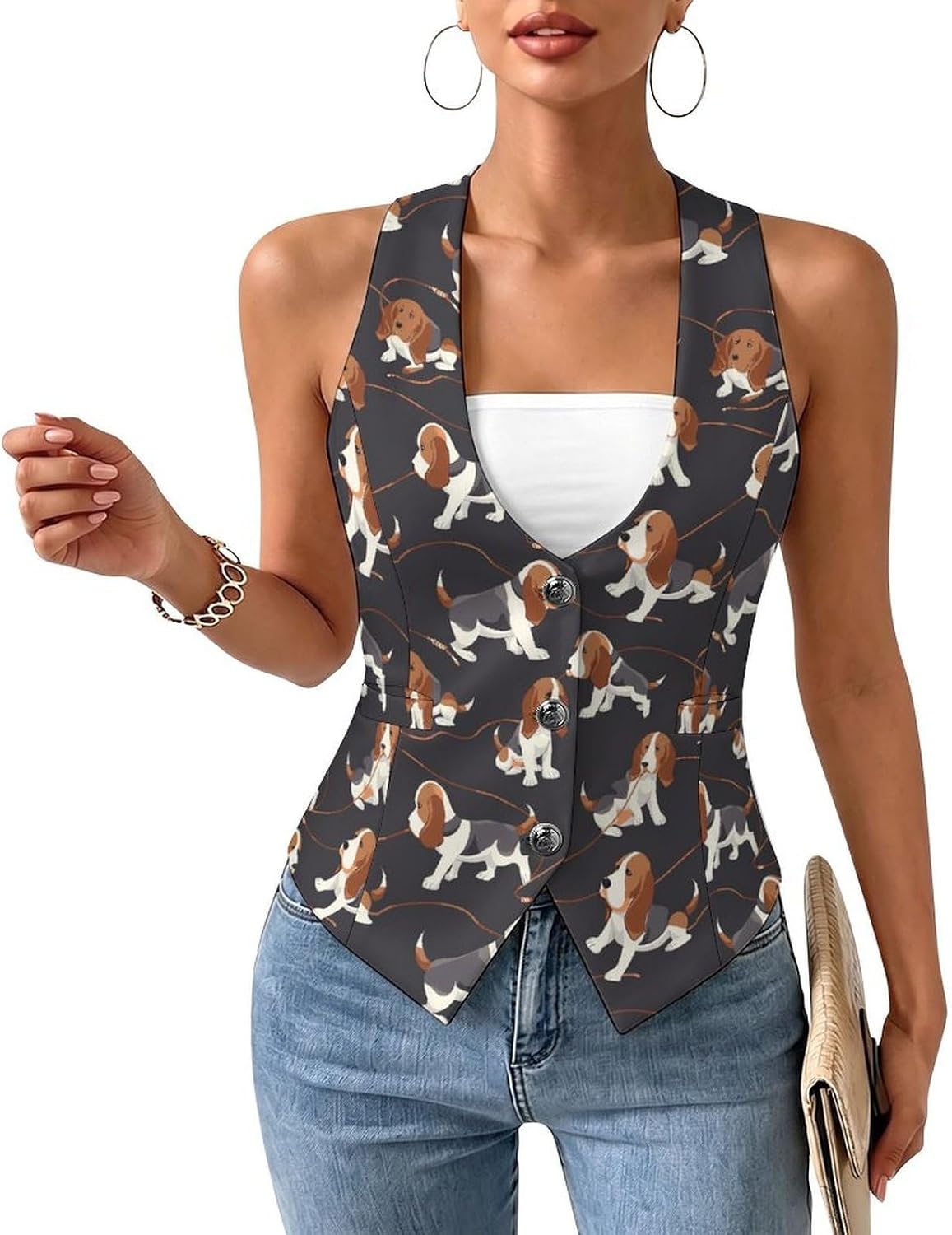 Aggrieved Beagle Dogs Women's Tuxedo Waistcoat Suit Vest | 3 Button V-Neck Slim Fit Casual Sleeveless Top