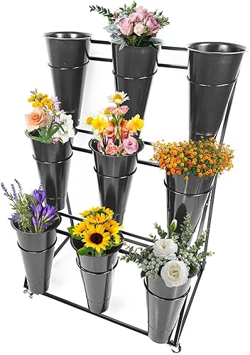 Miniatura 8 de Soporte de exhibición de flores, estante móvil para carrito de plantas con ruedas, con cubos de plástico, fácil de instalar, soporte escalonado para