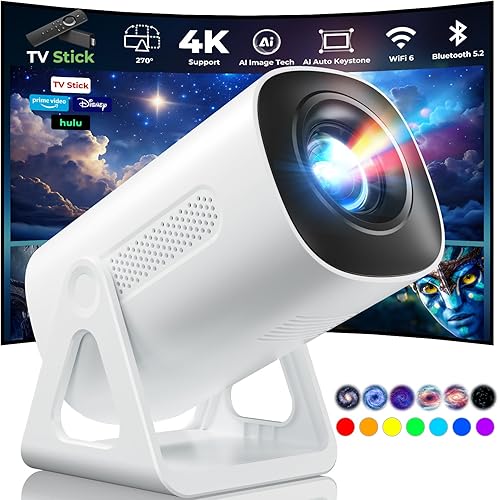Portable WiFi and Bluetooth Projector - 4K 1080P Supported Mini Movie Projector, 270°Adjustable Stand Outdoor Home Theater Star Projector with Ambient Light for Phone TV Stick Laptop