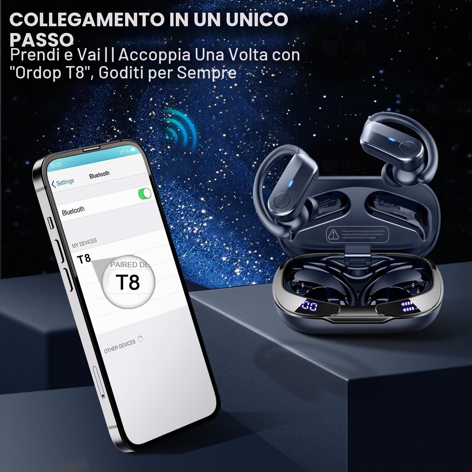 Cuffie Bluetooth 5.4 Sport, Auricolari Bluetooth 70 Ore HiFi Stereo,Cuffie Wireless Impermeabili IPX8,4 ENC Cancellazione Rumore Mic,Con Display a LED, Headphones Per Corsa e Sport Estremi, Blu