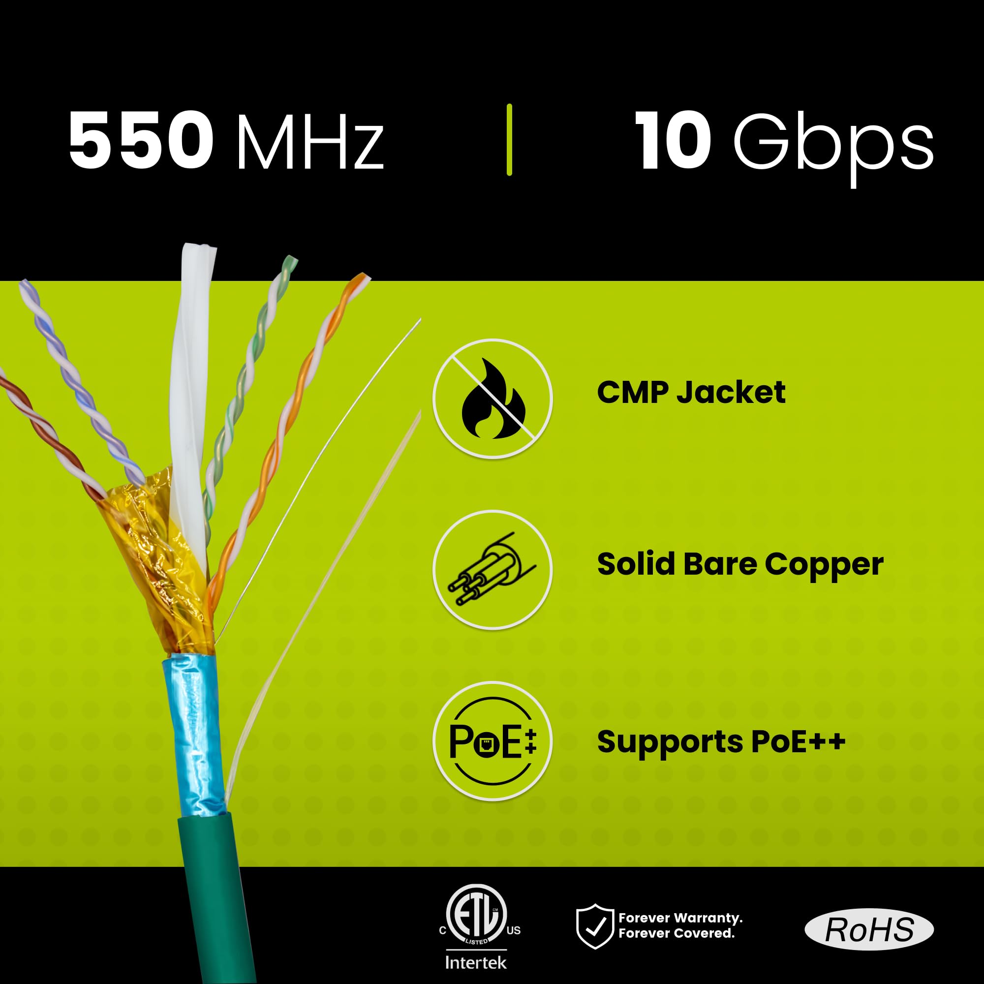 TrueCABLE - Cavo Ethernet schermato Cat6, in rame nudo massiccio, 550 MHz, schermatura totale (FTP), cavo Ethernet in blocco, cavo trueCABLE Verde Lyndee 1000ft
