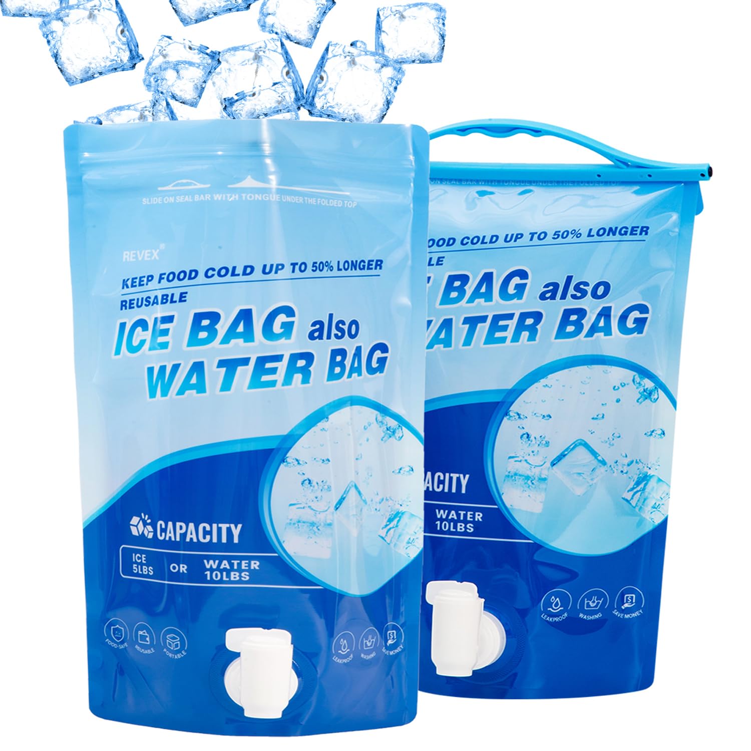 REVEX Reusable Ice Bags 5lb, 17x10 Inches Large Leakproof Ice Pack, Drop in Cubed Ice,Long Lasting Instant Cooler, Keeping 10lb Melted Ice Water for Camping, Hiking, Party. (Large/Set of 2)
