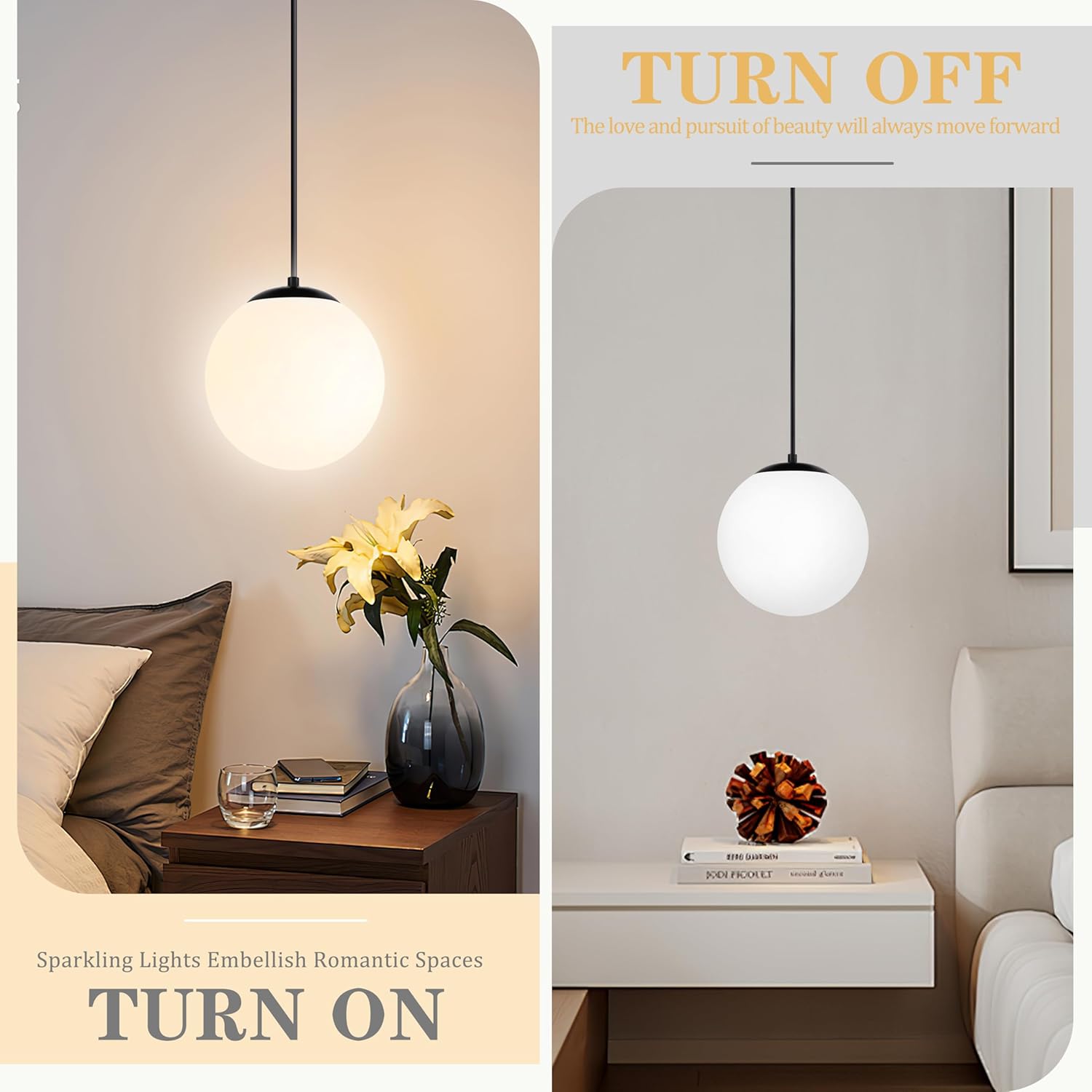 KoKo&Yukina 8" Globe Pendant Light Black Plug in Pendant Light Adjustable Hanging Lights with Plug in Cord Matte Black Finished with Milk Glass Lampshade for Bedroom Kitchen Island（Bulb Included）