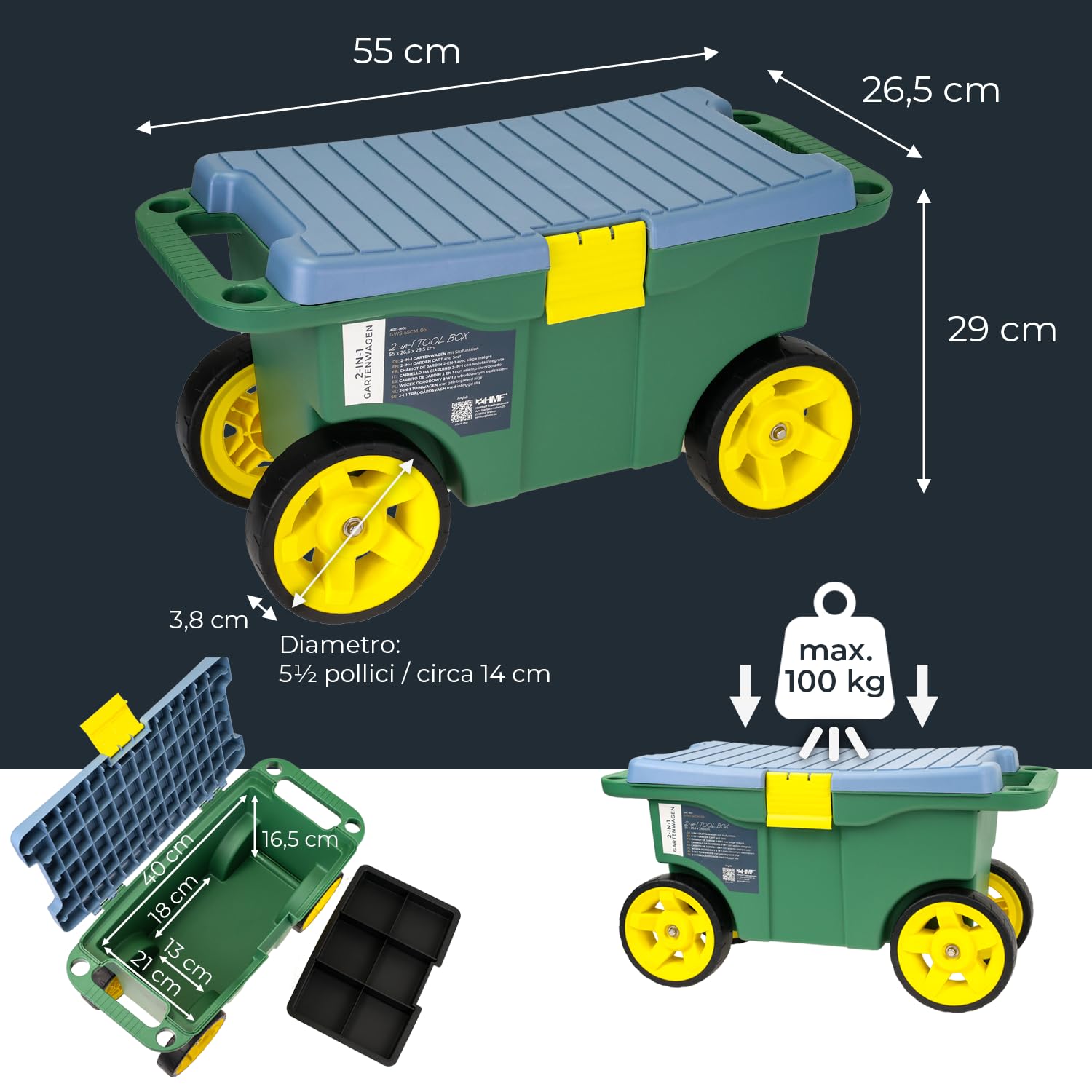 HMF Carrello da giardino 2 in 1 con seduta e vano portaoggetti, sgabello da giardino con ruote grandi, sedile girevole per giardinaggio fino a 100 kg, 55 x 26,5 x 29,5 cm, verde