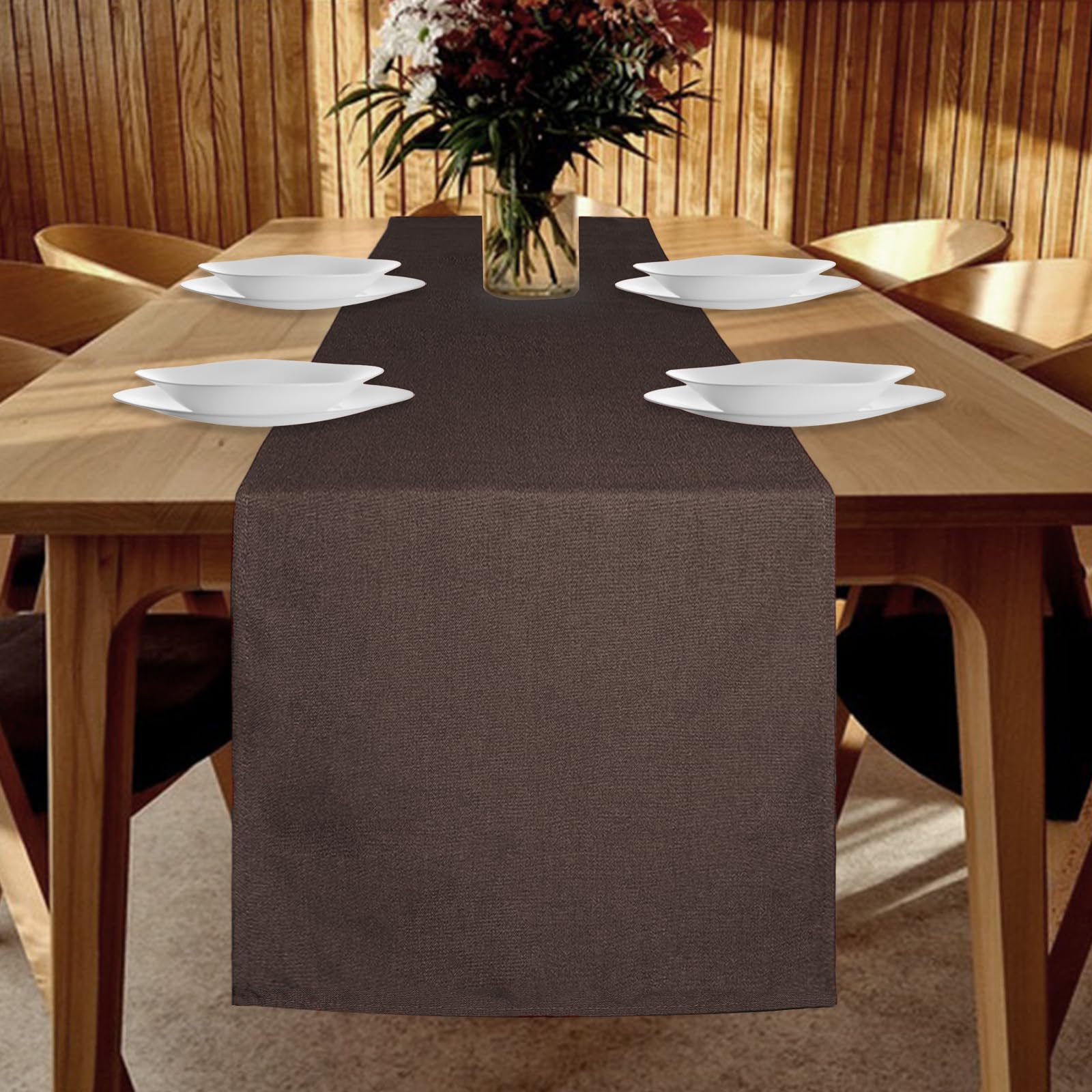 YUNSHANGHE Table Runner Waterproof 40 x 180 cm Table Runner Spring Modern Linen Look Washable Table Runner Perfect for Dining Room Party Holiday Decoration (Dark Brown)
