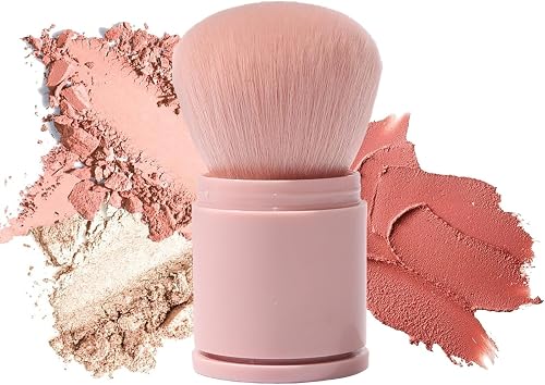 Retractable Kabuki Makeup Brush, Travel Size Powder Brush, Pink, Multi-Use for Bronzer, Setting Powder and Blush