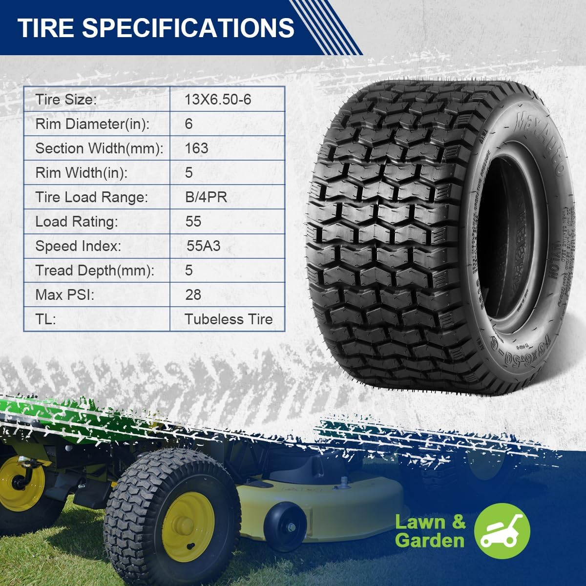 MaxAuto 2 Pcs 13x6.50-6 Mower Turf Tires 13x6.5-6 Lawn and Garden Tractor Tires, 13x6.5x6 Zero Turn Mower Tire, Tubeless 4PR/4Ply