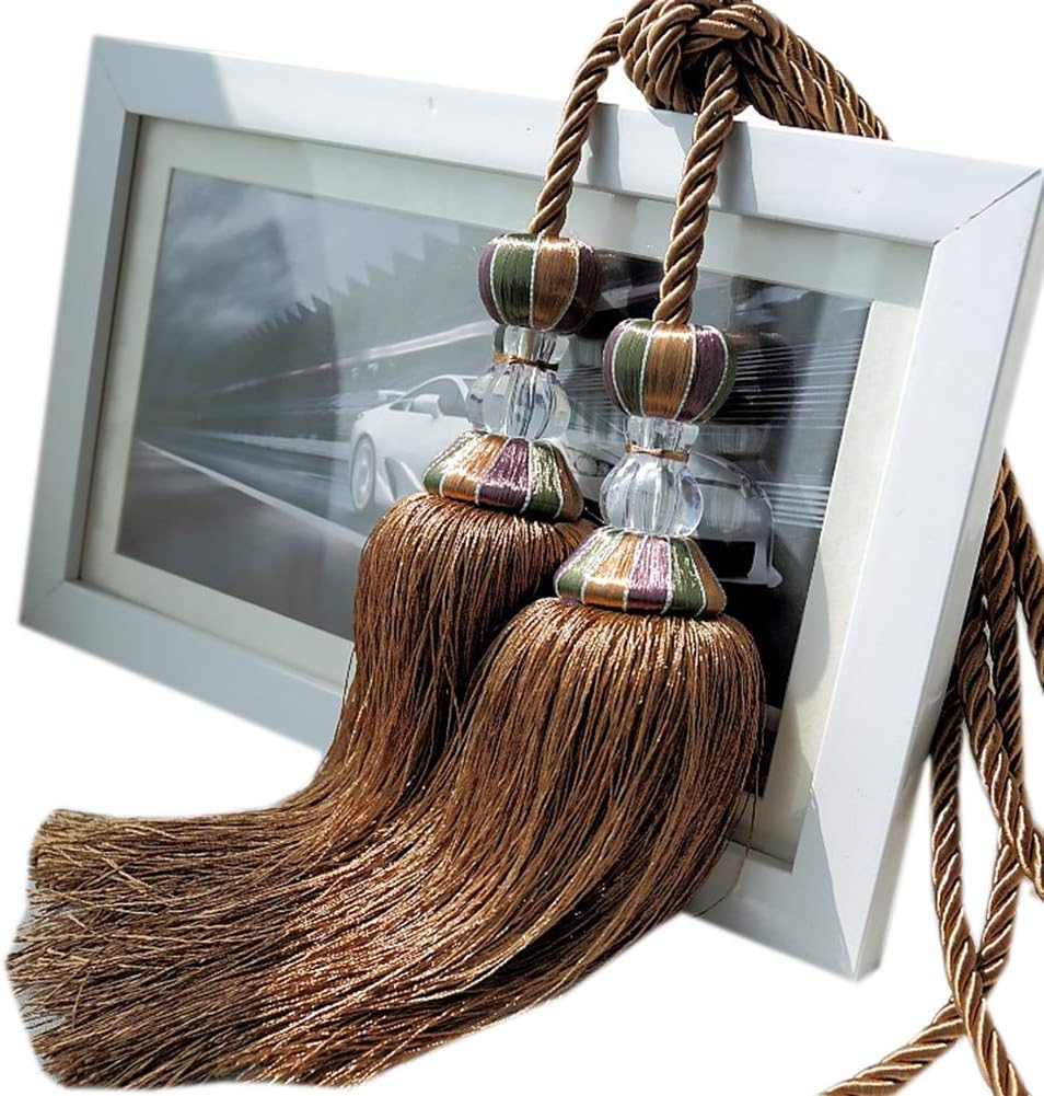 European Style Crystal Curtain Tiebacks Rope with Tassels Set of 2 Double Balls Curtain Decor Holdbacks (Dark Coffee)