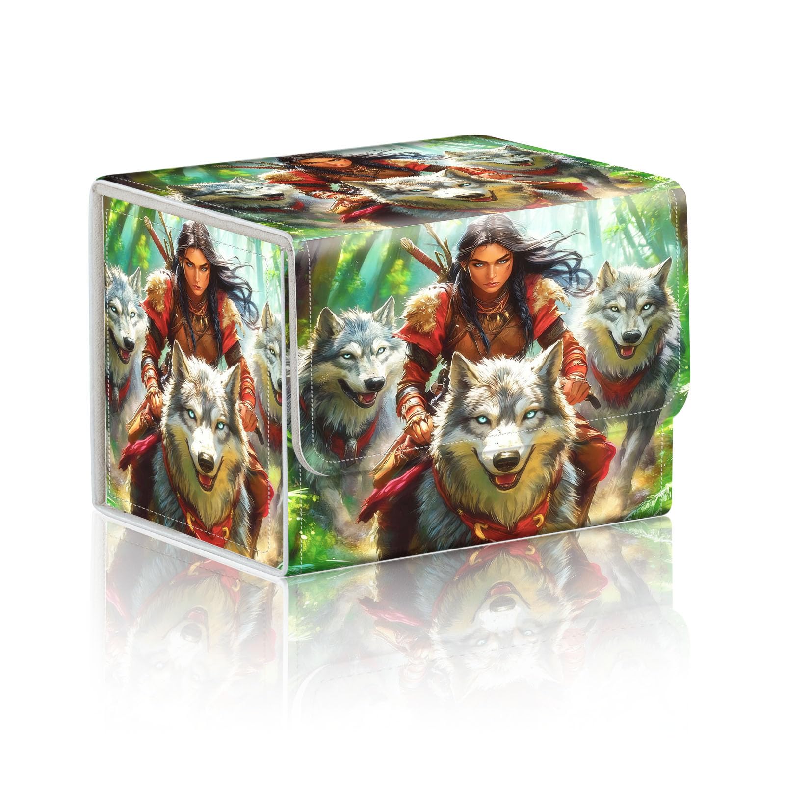 DISUOFEART Trading Card Storage Box, Holds 100+ for MTG Cards, Premium PU Leather with Magnetic Closure, Warrior With Wolves In Woodland Durable Deck Box for Magic the Gathering, Trading Card Games