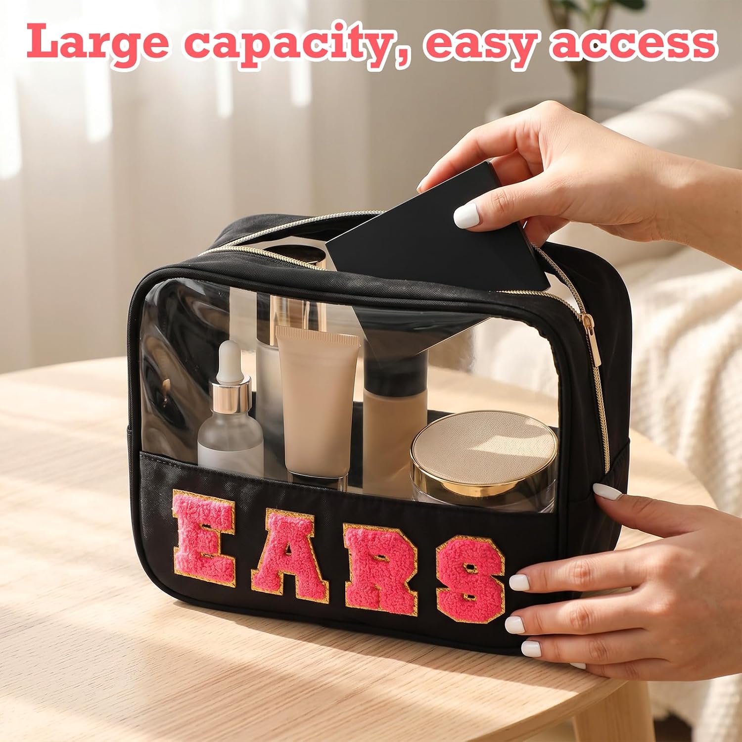 Hillban Mouse Ears Bag Chenille Letter Patch Headband Ears Holder Travel Case Hair Accessories Translucent Black and Rose Pink Organizer Storage Nylon Large Chenille Letter Makeup Bag Gift for Women image 5