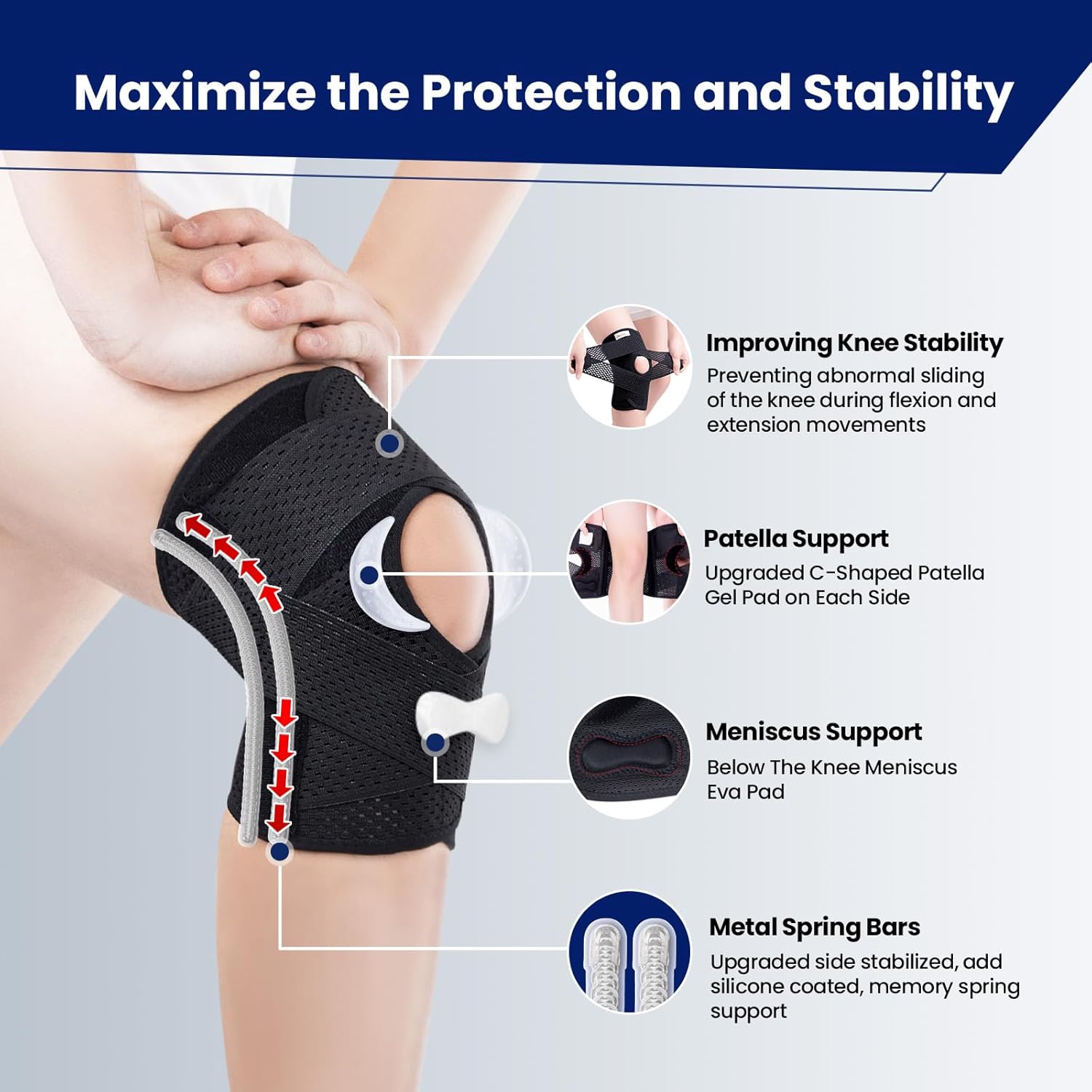 Knee Brace for Meniscus Tear, Knee Pain, ACL, MCL, Adjustable Breathable Knee Support with Side Stabilizers for Knee Pain Arthritis Recovery Joint Support, Women and Men, Medium - Image 3