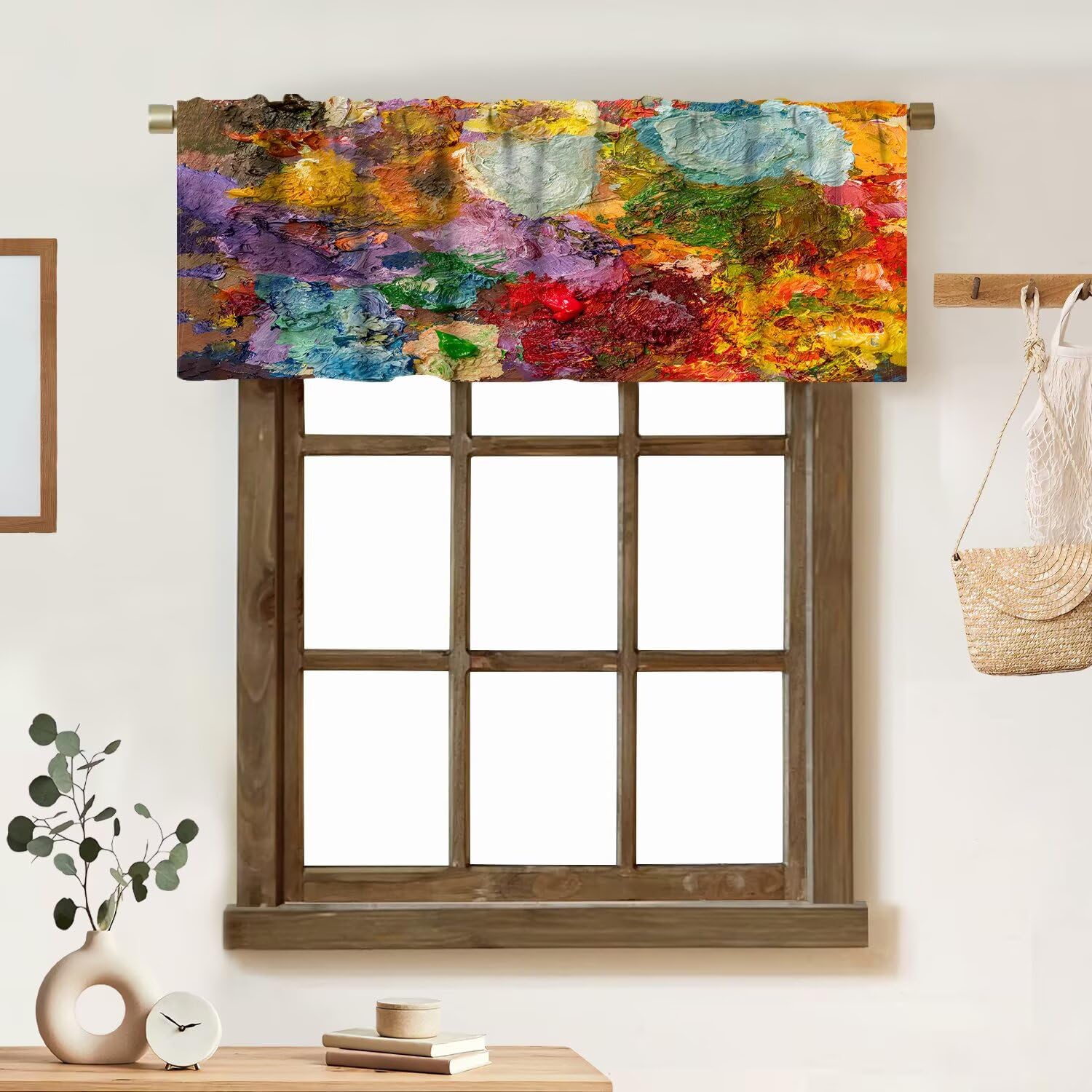 ZhiRain Multicolor Abstract Kitchen Valance Curtain Artist Oil Art Ink Printing Rod Pocket Valance Window Treatments 1 Panel Short Curtains for