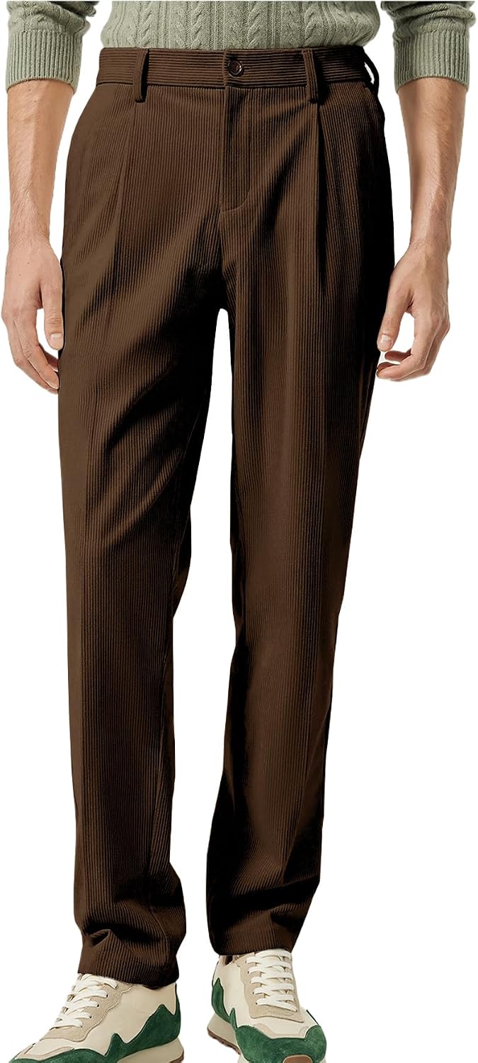 Corduroy Pants Men Fall Spring Casual Formal Dress Pants Elastic Waist Regular Straight Fit Trousers