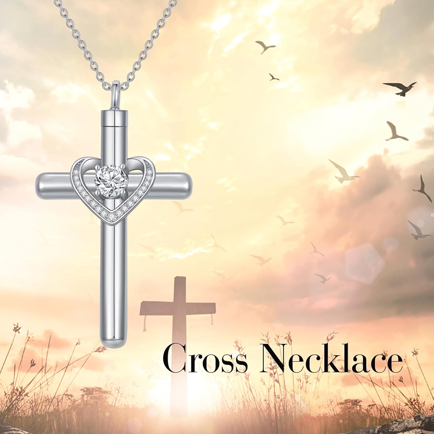 AOBOCO Cross Necklace for Ashes, Sterling Silver Birthstone Cross Urn Necklaces for Ashes Embellished with Crystals from Austria Keepsake Cremation Jewelry for Pet Human Ashes - Image 4