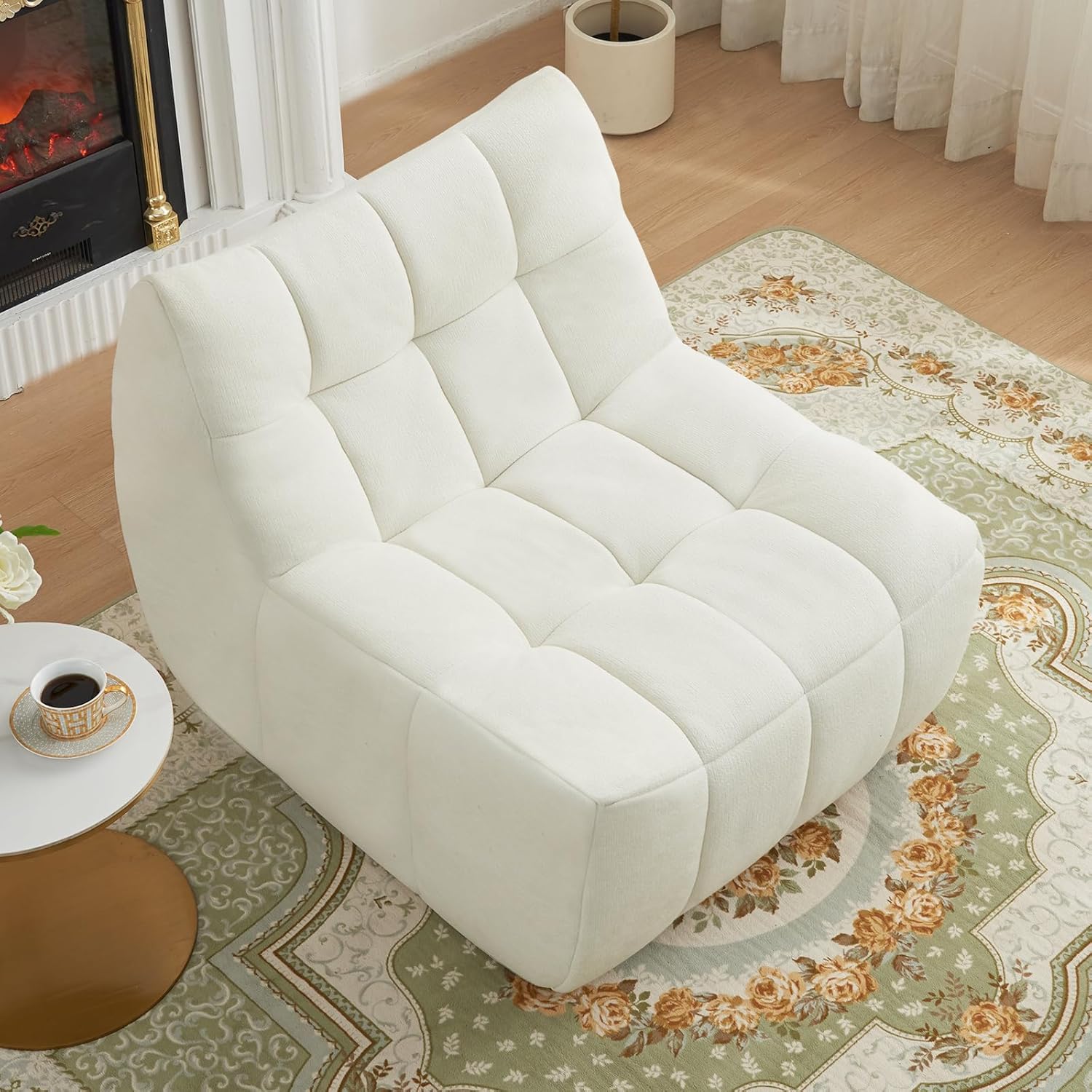Comfy Lounge Chair with Wide Backrest, Bean Bag Chair with High-Rebound Memory Foam, Upholstered Accent Chair for Dorm Room, Bedroom, Study, or Apartment – No Assembly(White)