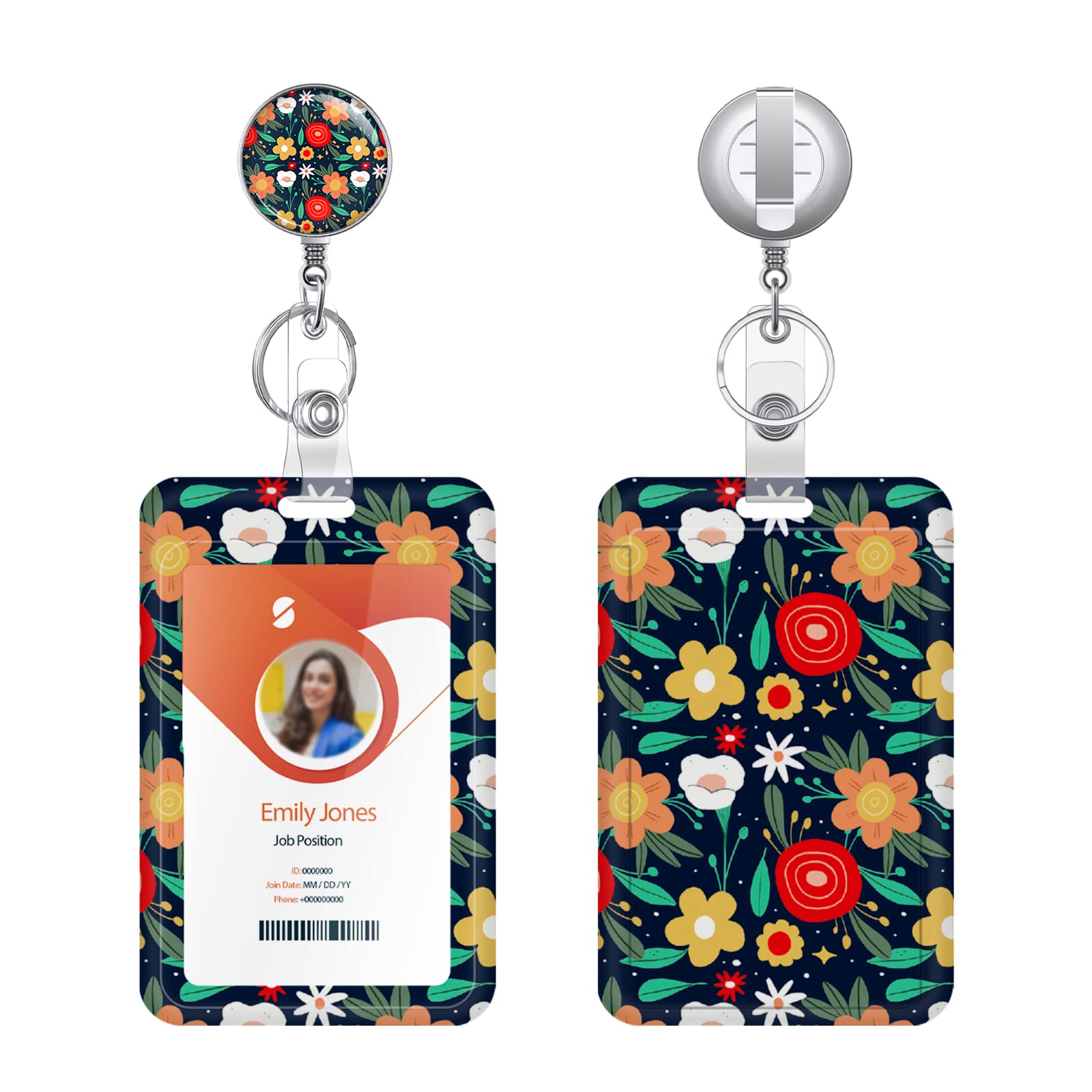 Boutilon Retractable Badge Holder, Badge Reels,Lightweight Plastic Badge Reel with Card Holder Key Ring Belt Clip for Nurse,Volunteer,Teacher,Student(T-Flower Orange) — image 1