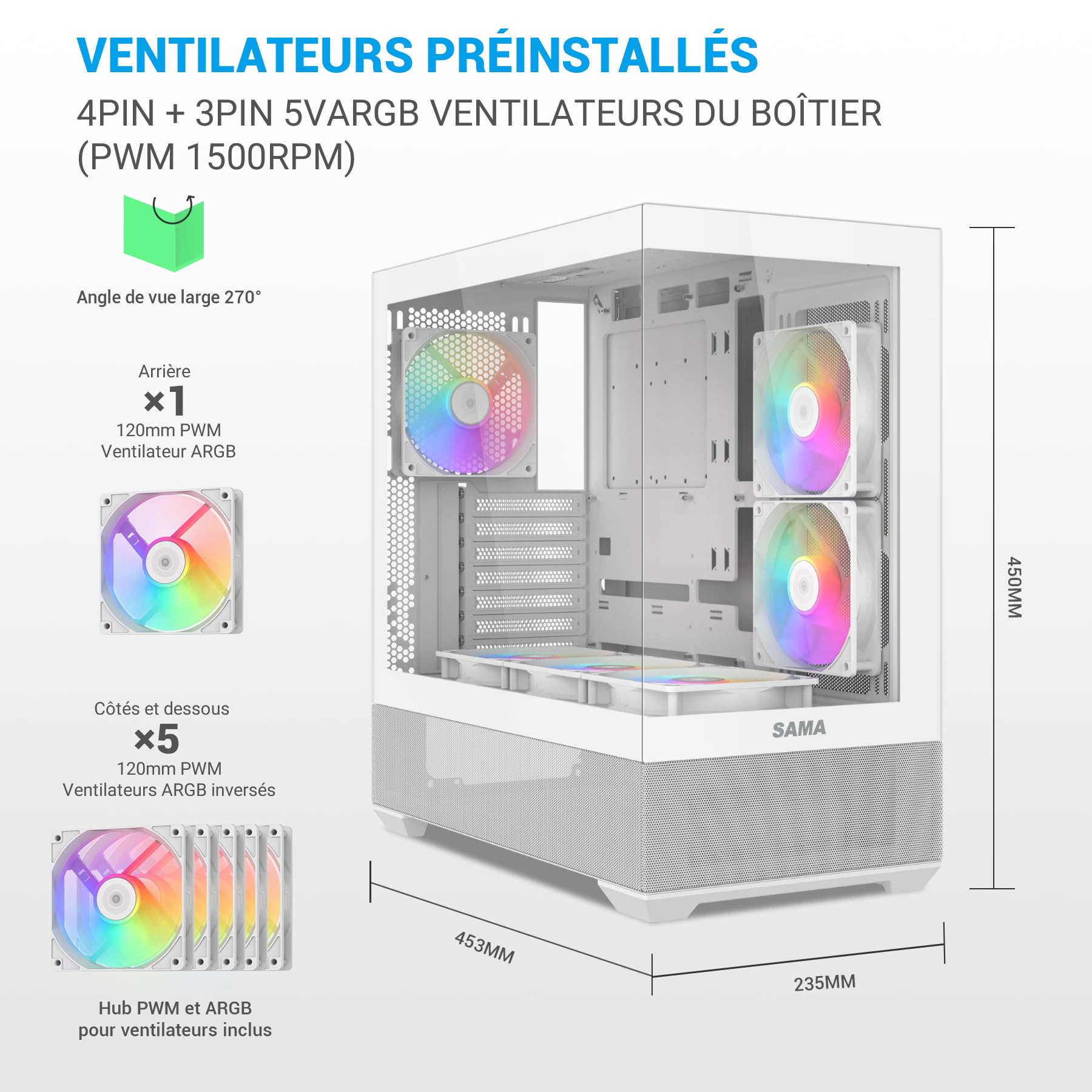 Boîtier SAMA V40 ATX, 6 Vent. ARGB PWM, Double Vitre, USB-C, Blanc