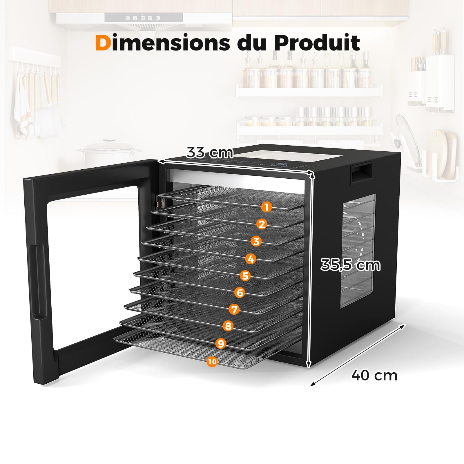 COSTWAY Déshydrateur Alimentaire, Séchoir à 10 Plateaux en Acier Inox avec 10 Programmes Préréglés, Minuterie 48H et Température 30-75℃, Accessoires Inclus, pour Fruits, Viandes, Légumes, Champignons