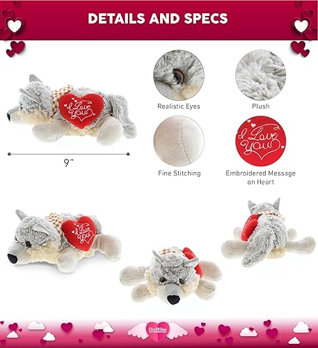 Miniatura 2 de DolliBu I Love You Lying Grey Wolf - Lindo animal de peluche con corazón rojo y nombre personalizado para San Valentín, aniversario, cita romántica,