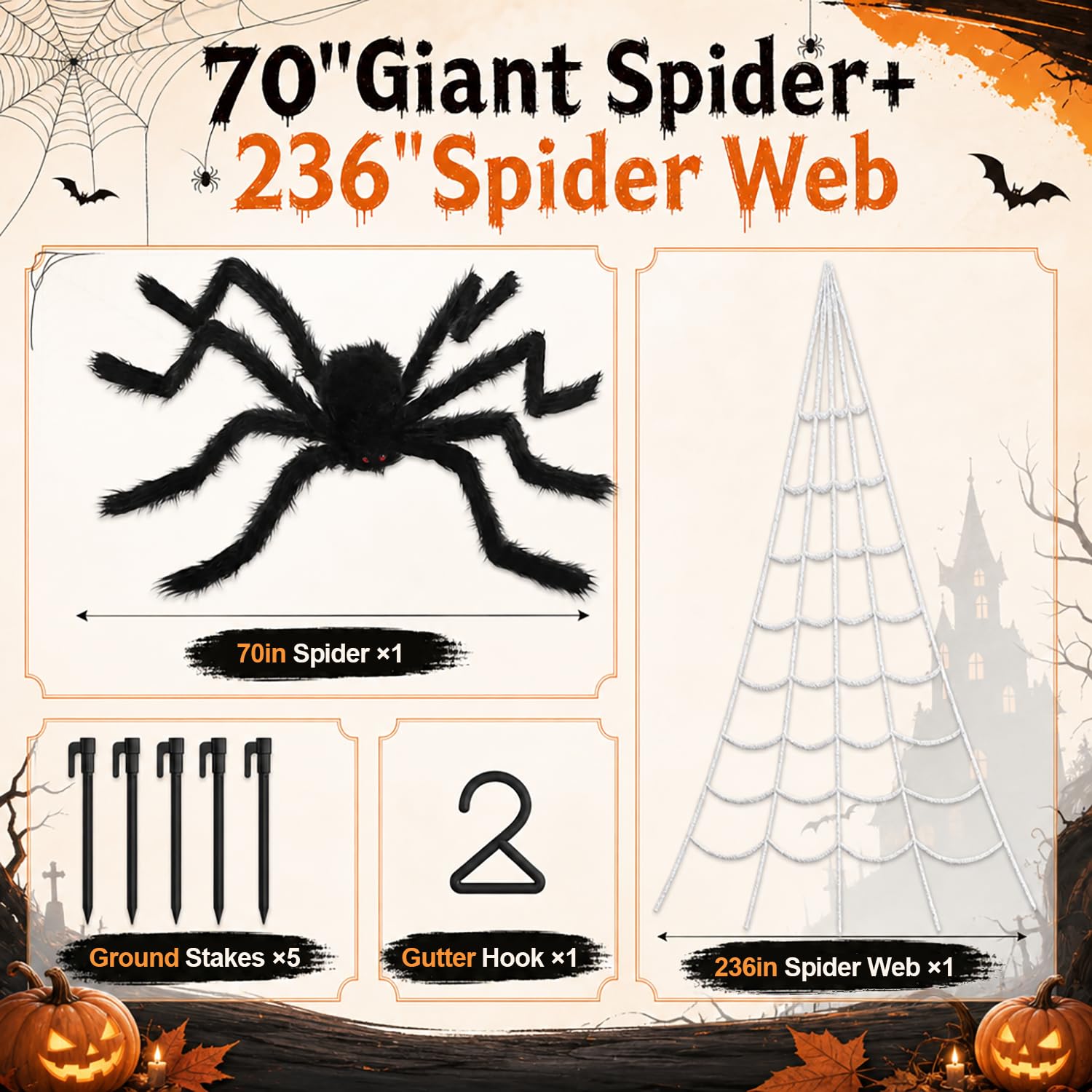Giant Spider Web Halloween Decor - 70" Spider -2