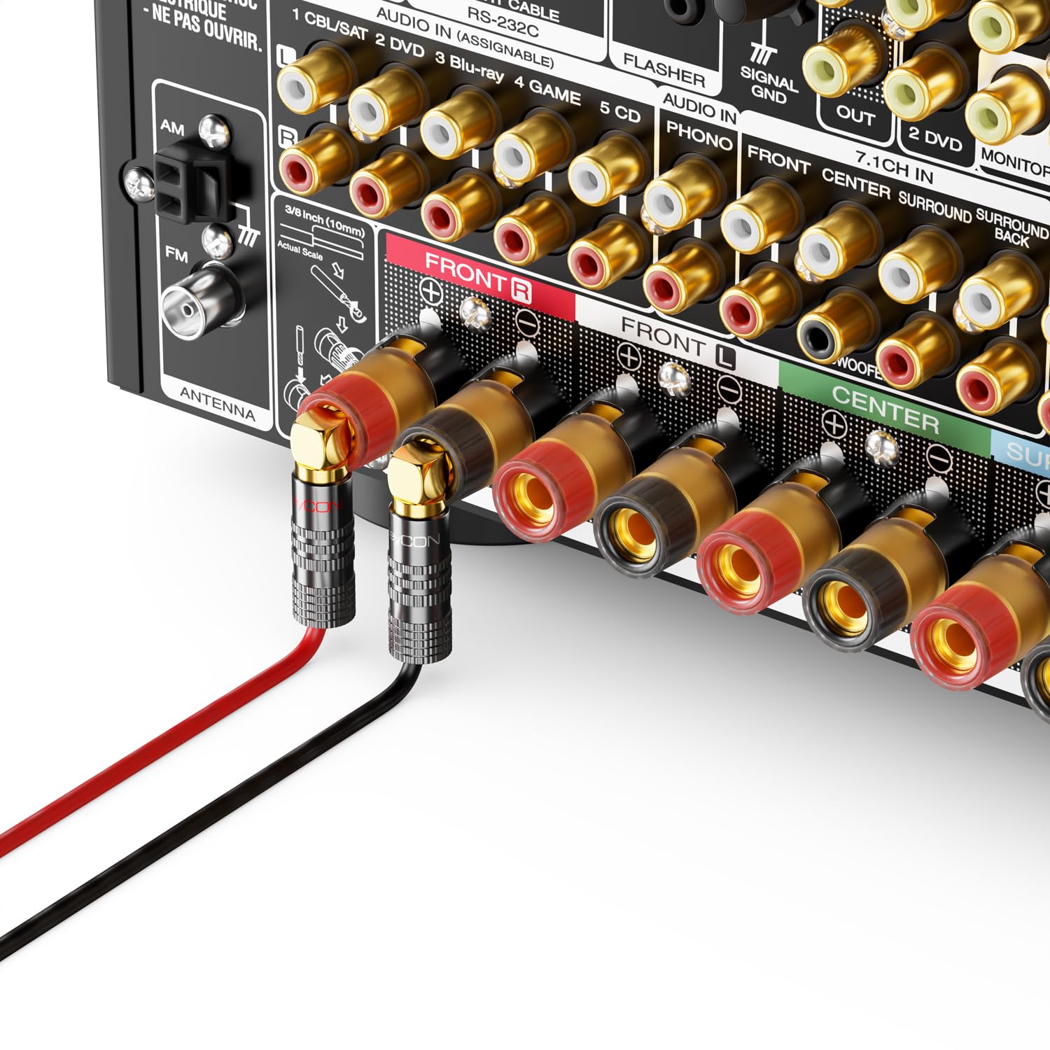 deleyCON 4 Pezzi Spine a Banana Set 90° Angolato Placcato Oro Avvitabile per Cavo Altoparlanti 0,75-4,5 mm HiFi Home Theater