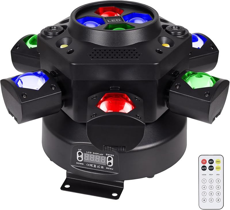 Moving Head DJ Lights 150W RGBW, 6-Arm Party Stage Light with Remote | 150W RGBW 6-arm beams, DMX-512 & sound-activated, quiet motor, sharp beam through haze/fog, home party & small-venue DJ use
