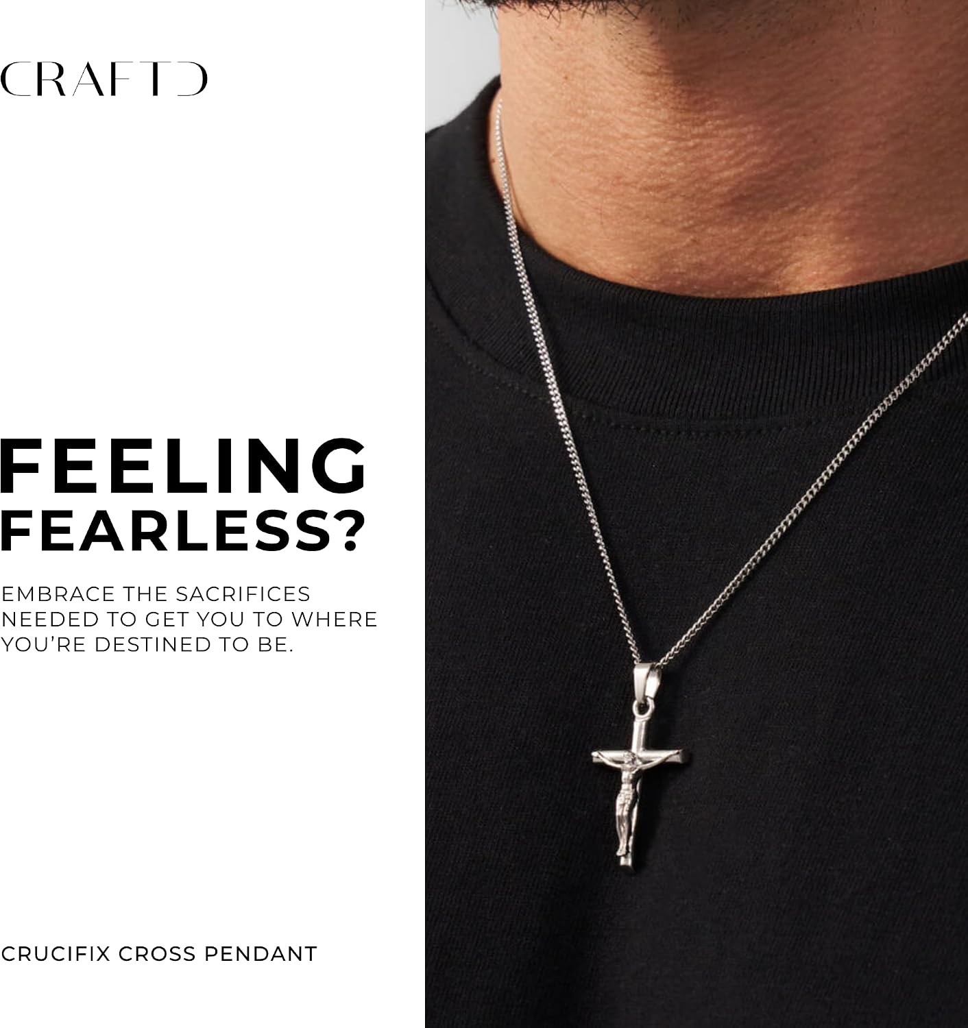 CRAFTD - Crucifix Pendant Necklace - 20.5" Chain Link with 20MM x 20MM Pendant - Waterproof, Heat & Sweat Resistant - Gifts for Men - Men's Jewelry