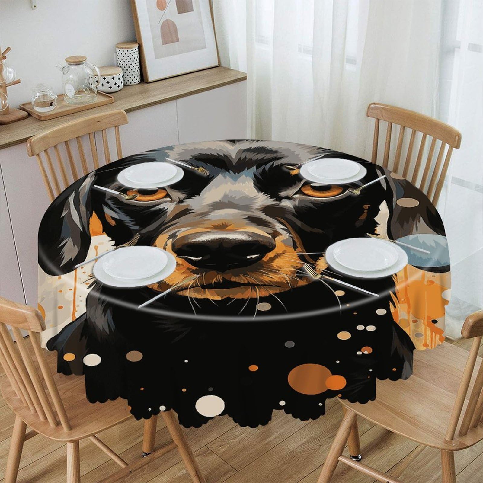 FekiLoot Colorful Polka Dots and Dog Round Tablecloth Waterproof Spill-Proof Wipeable Table Cloth Wrinkle Free Circle Dining Table Cover for Dining Kitchen Wedding Parties Machine Washable