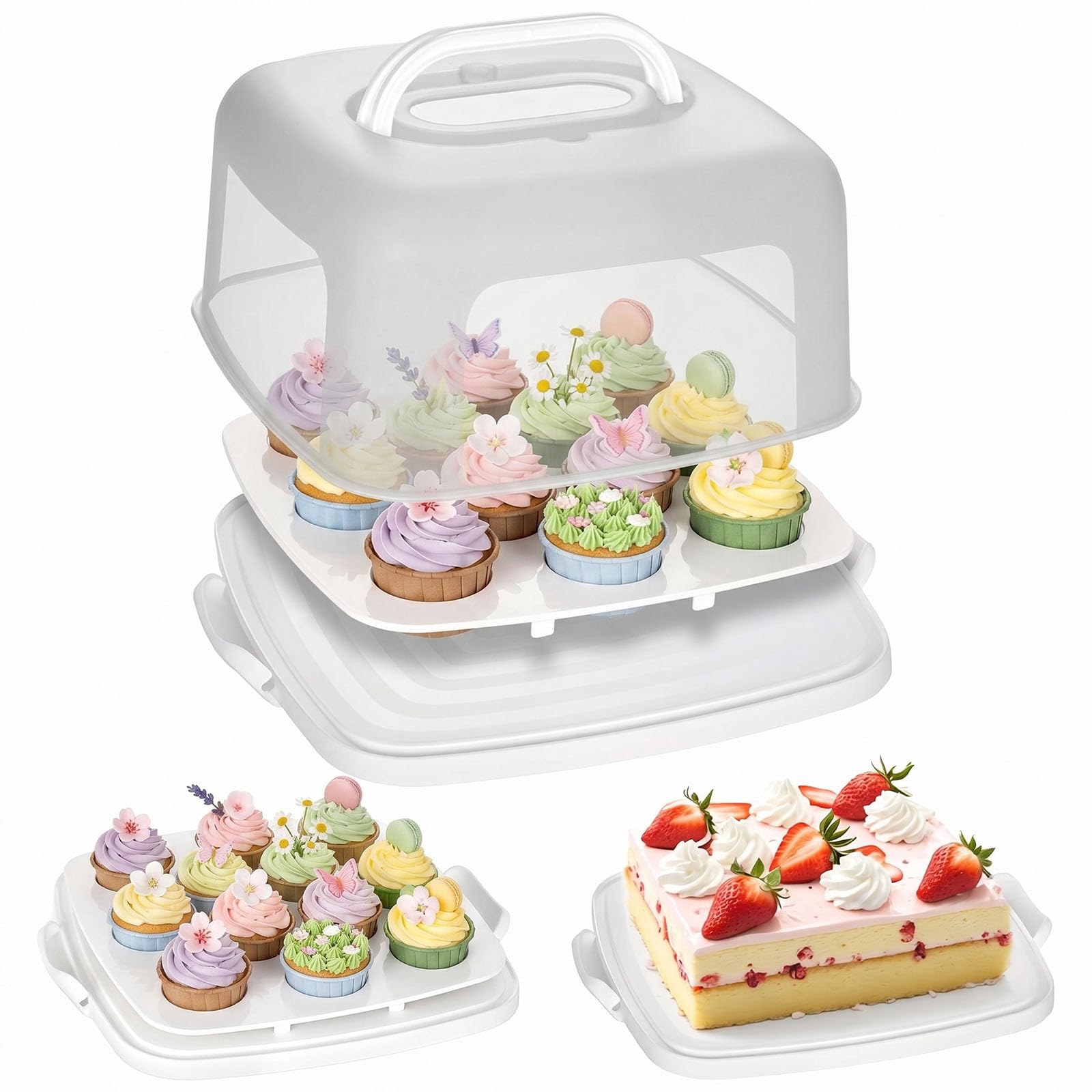 VGOODALL Support à gâteau carré blanc avec couvercle pour 12 cupcakes 2 en 1 portable pour gâteau, tarte, muffin, cordonnier