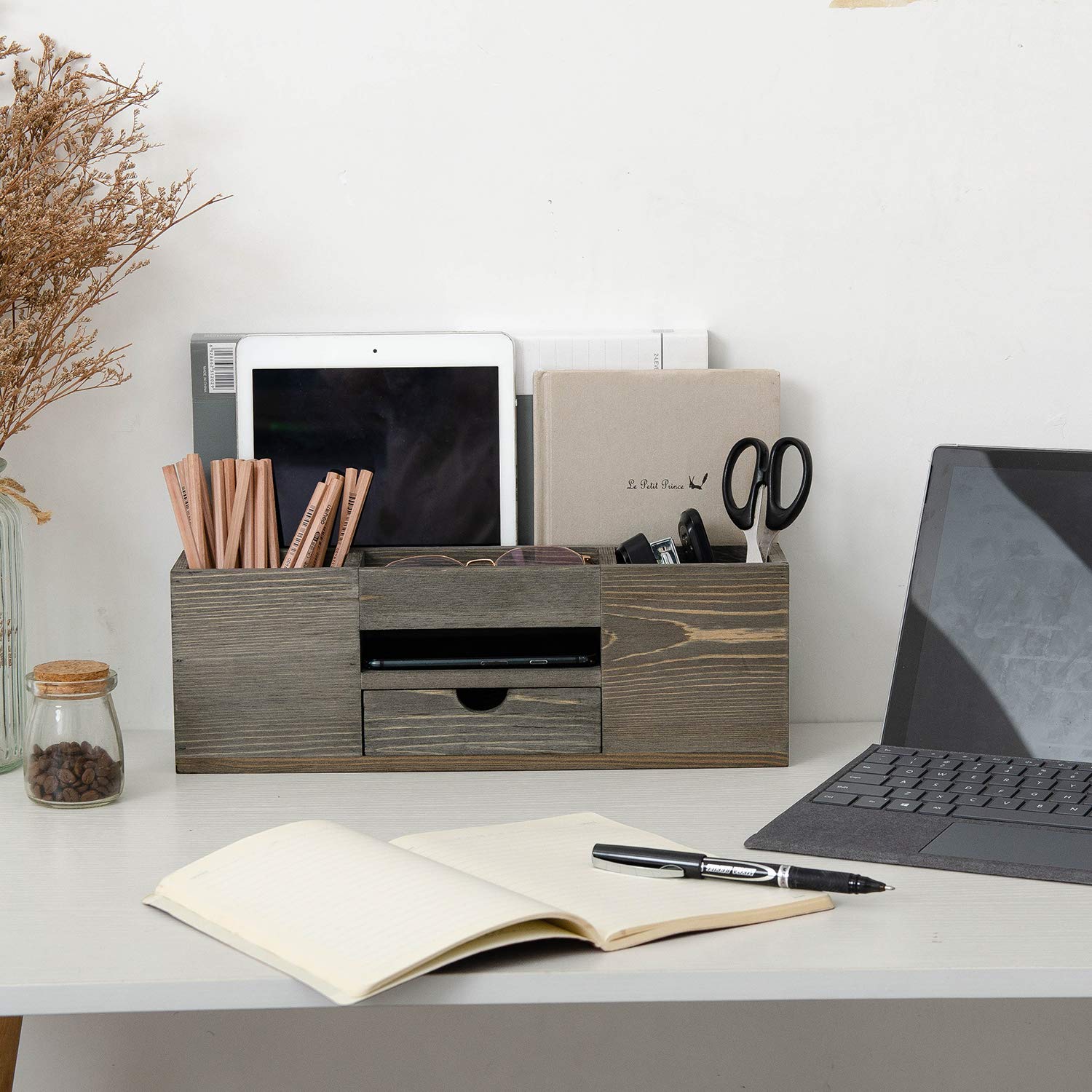 Liry Products - Organizador de escritorio de madera marrón, con múltiples compartimentos, estante de estante de mesa, gabinete de almacenamiento de madera, suministros de oficina, organizador de
